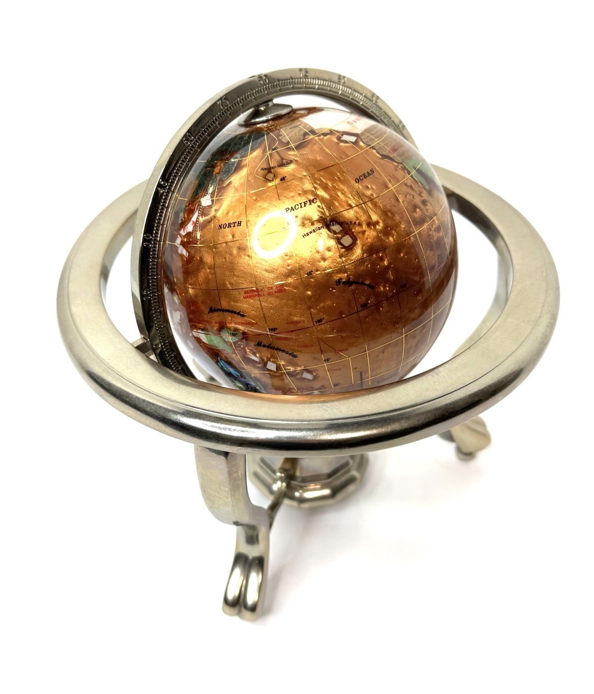 Vtg Kalifano Rotating Copper Amber Opalite Gemstone Globe Silver Stand