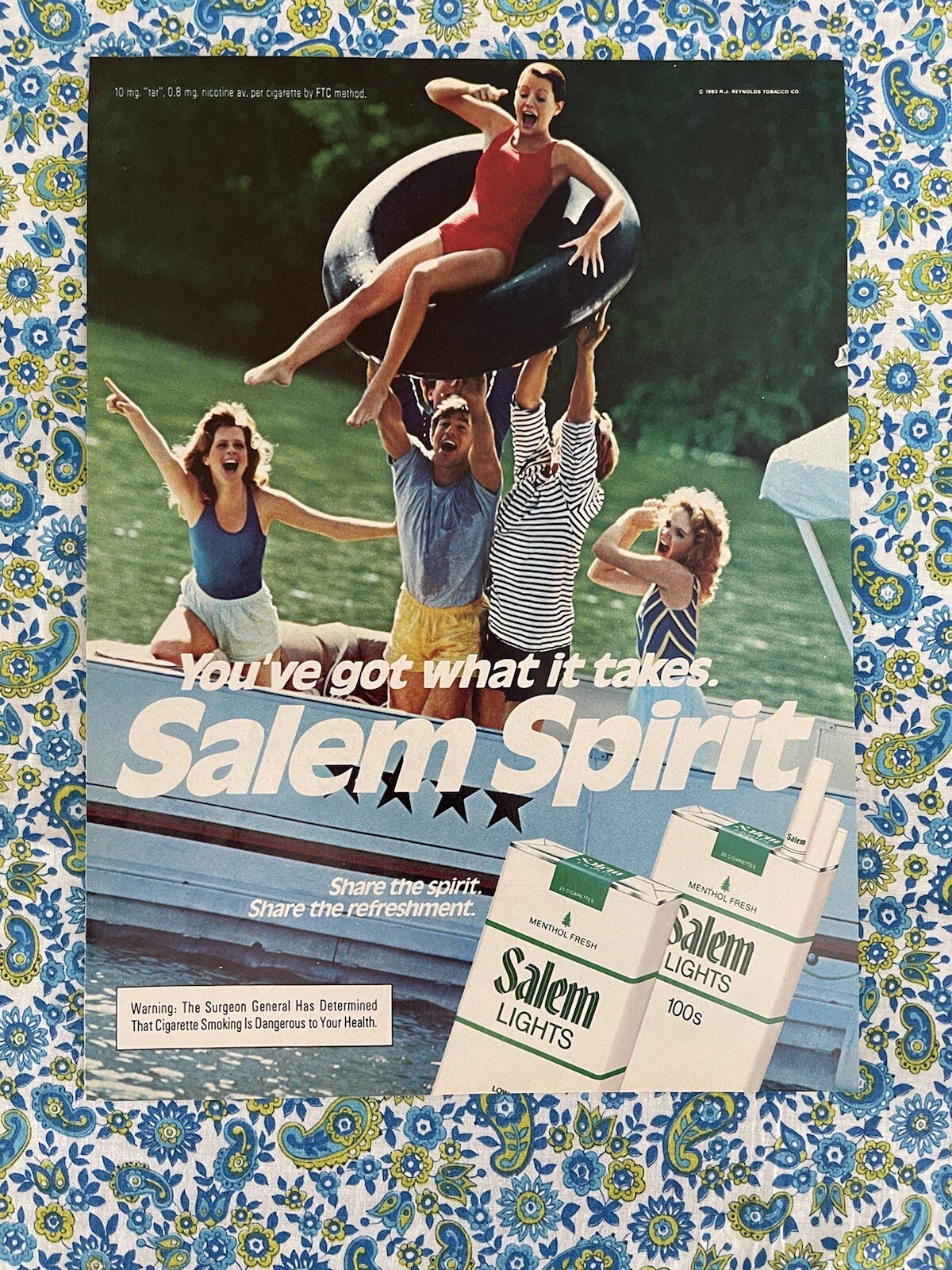 Vintage 1983 Salem Lights Cigarettes Print Ad Woman Inner-Tube Swimsuits