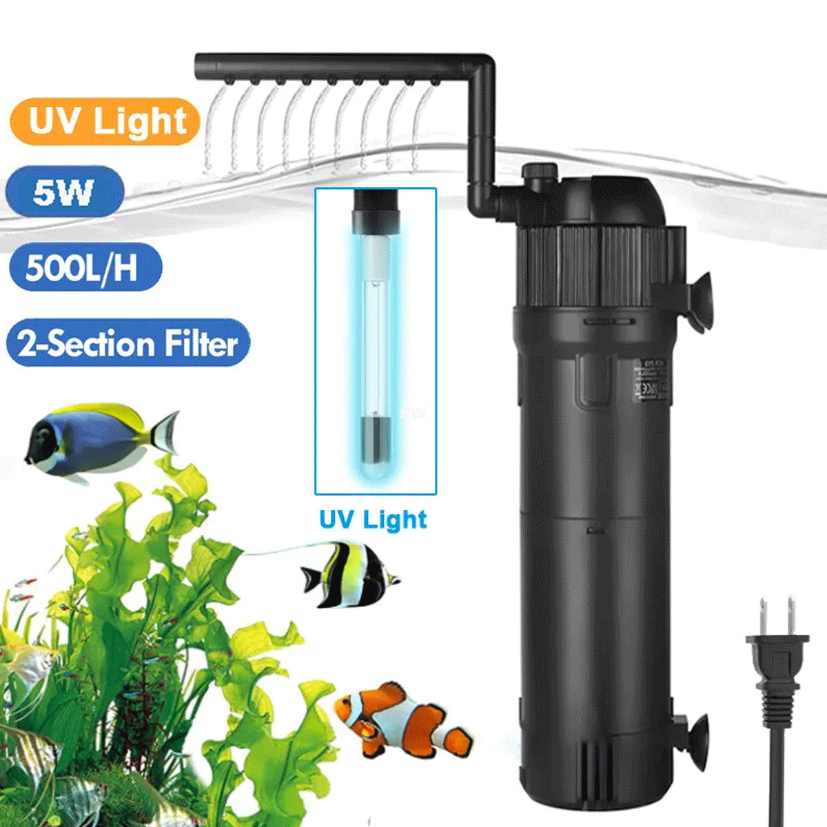 5in1 Aquarium Filter Germicidal UV Sterilizer Submersible Fish Tank Oxygen Pump