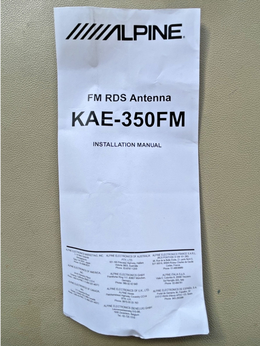 Alpine KAE-350FM FM RDS Antenna, NOS