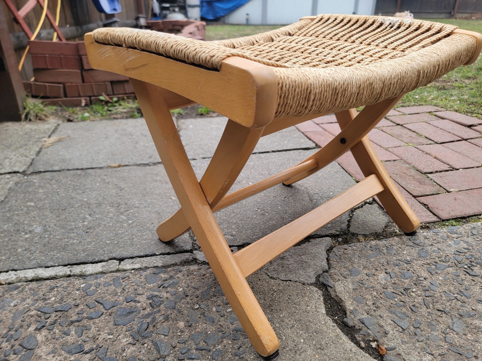 Vintage MCM 1960's Yugoslavia Wood Rope Folding Ottoman Seat Hans Wegner Style