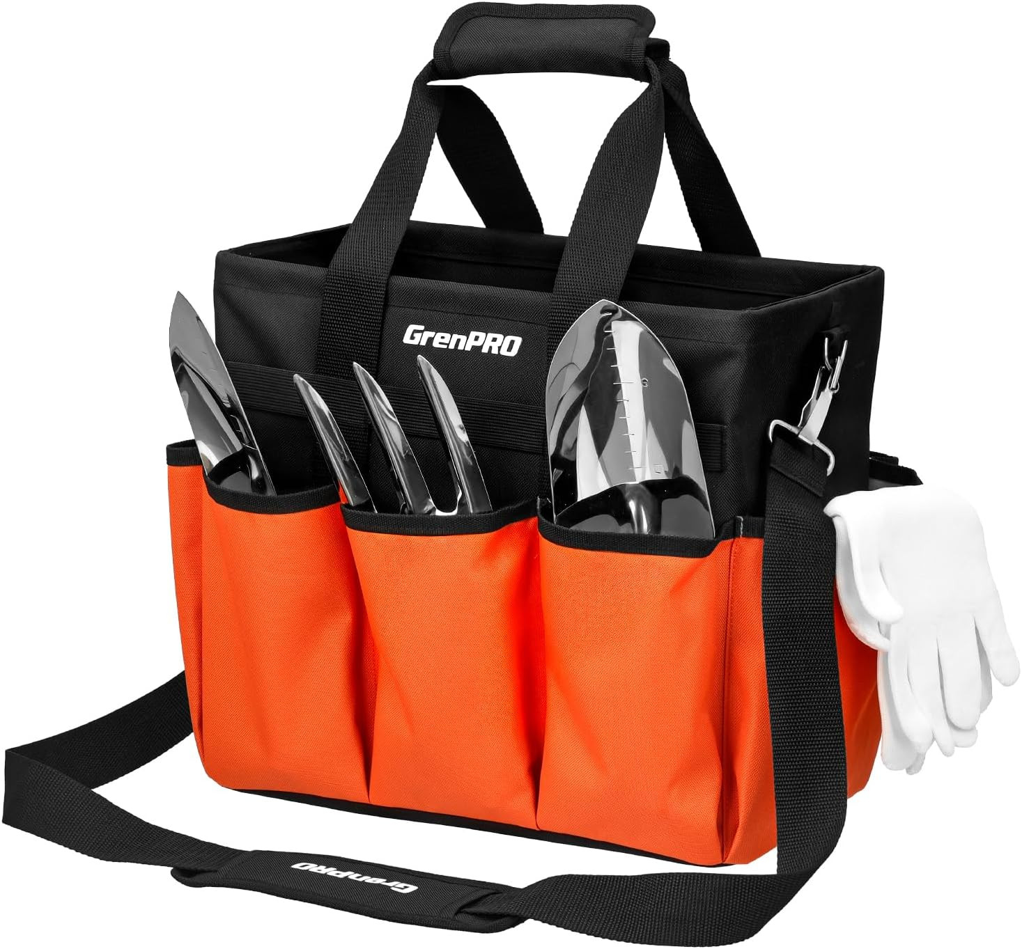 Garden Tool Bag, 10 Pockets, Adjustable Shoulder Strap, Orange | Heavy-Duty Gard