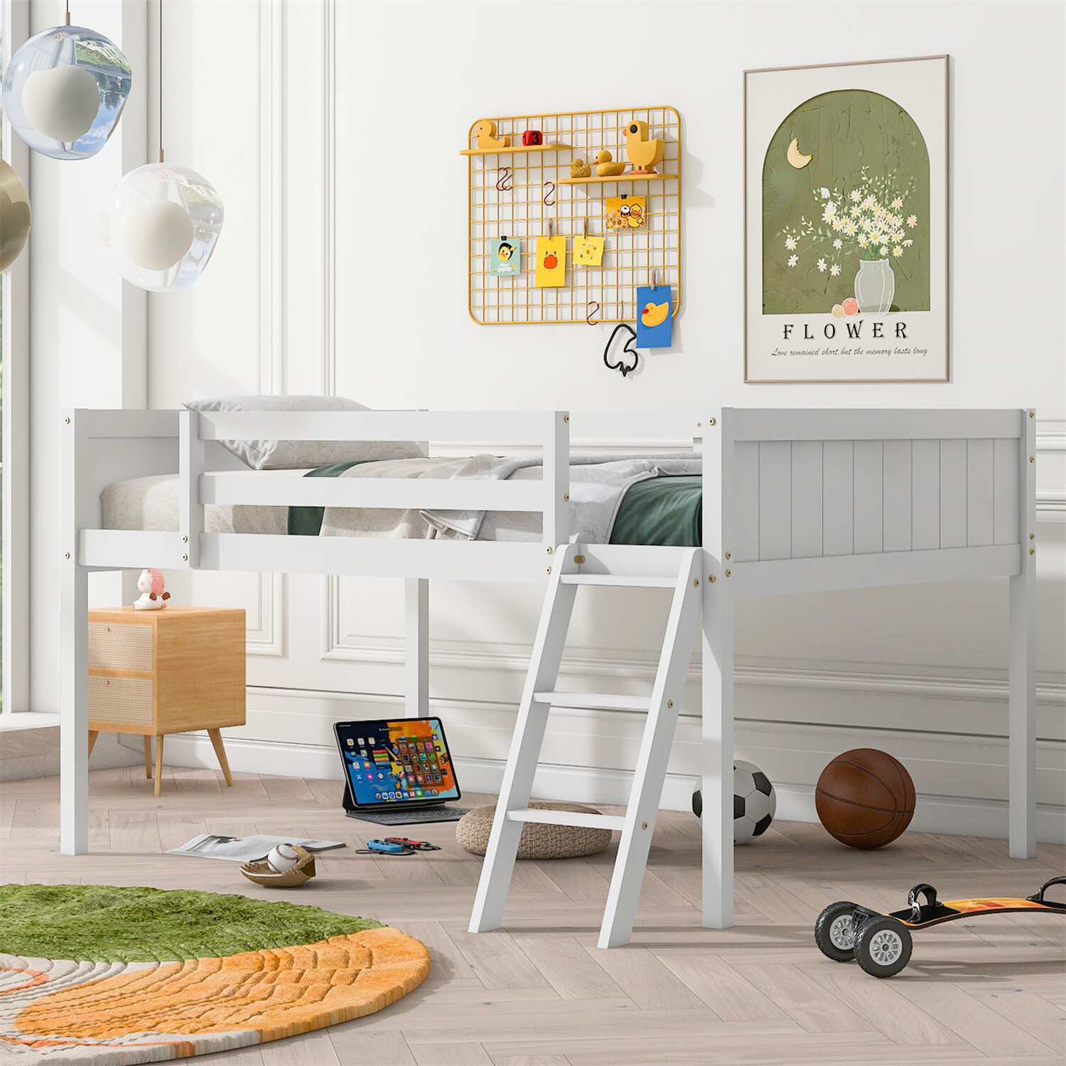 Full Size Wood Loft Bed Wooden Bed Frame with Ladder for Bedroom White