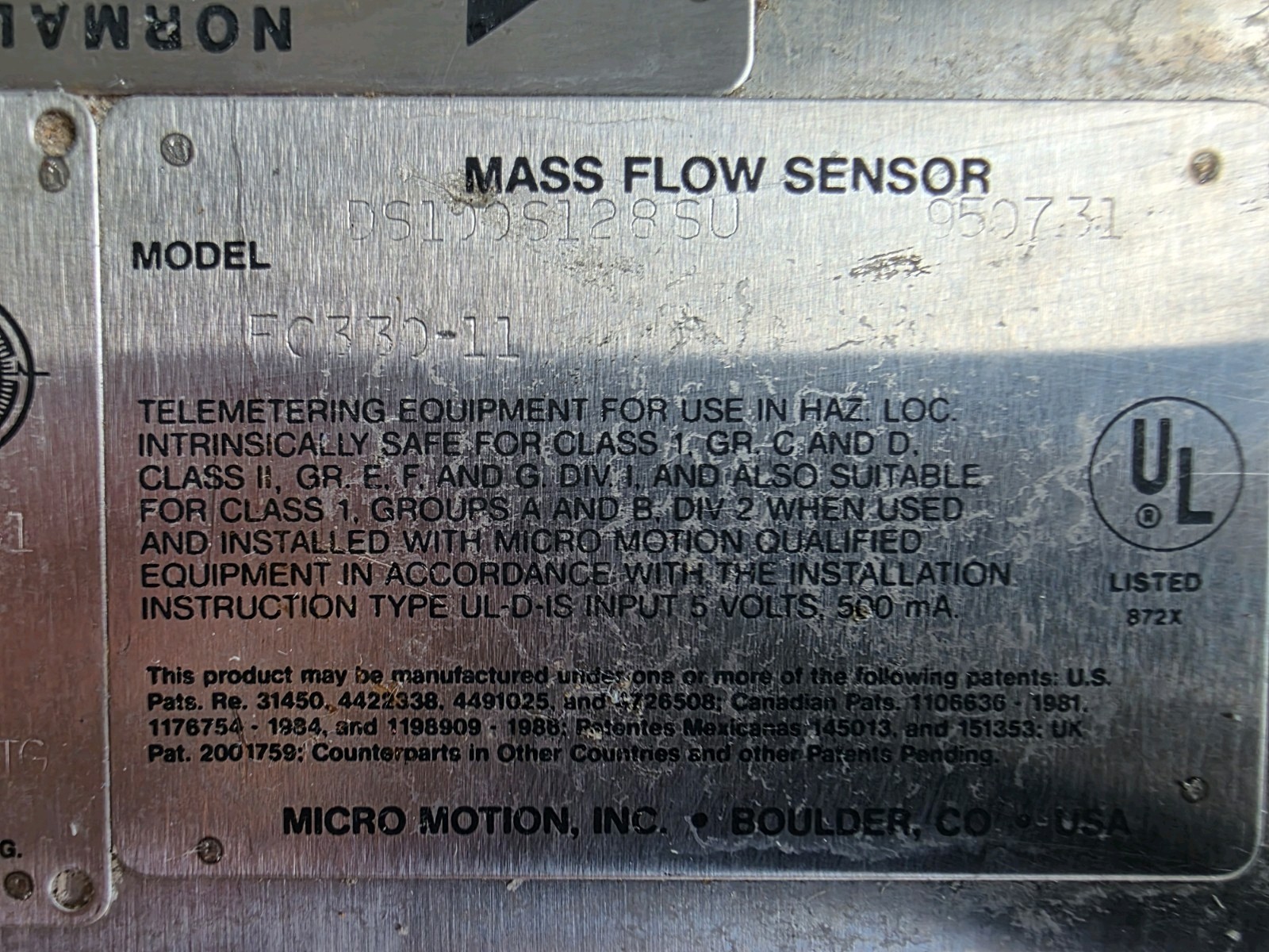 Micro Motion Mass Flow Sensor DS100S128SU