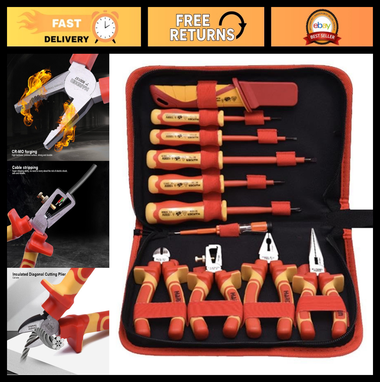 11-Piece Insulated Tool Set - 1000V Electrician Screwdrivers, Pliers, Cutters, T
