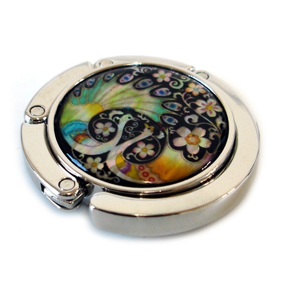 Mother of Pearl Peacock Table Fold Purse Caddy Handbag Bag Holder Hanger Hook