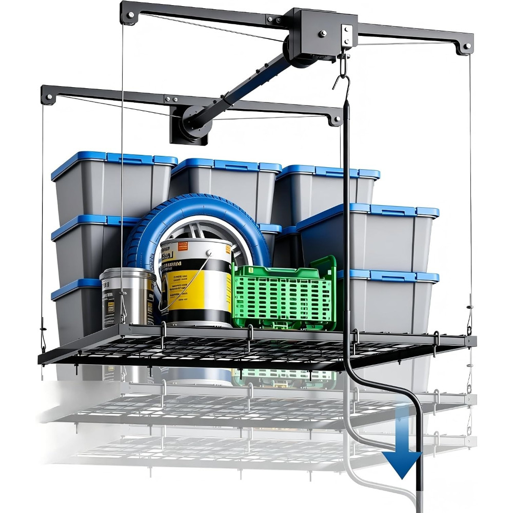 4x4ft Overhead Garage Storage Lift Rack with Crank System & Safety Lock 300Lbs