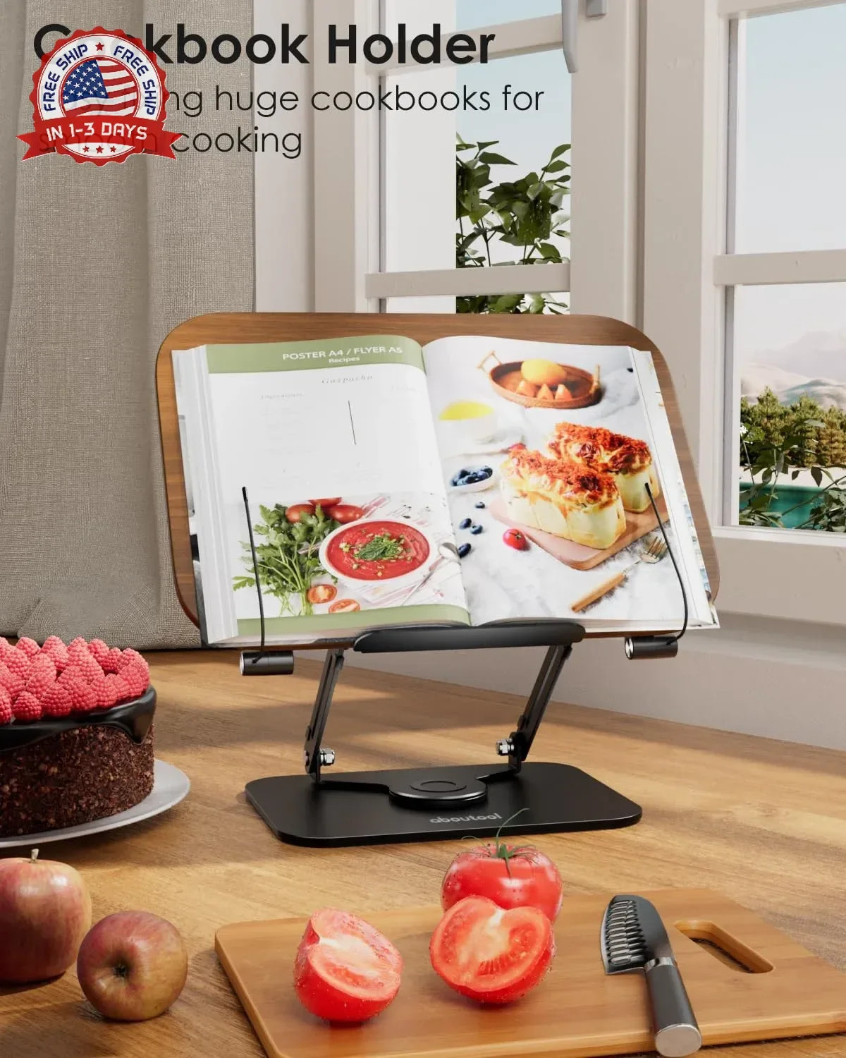 Book Stand for Reading, Adjustable Book Holder with 360° Swivel Base &