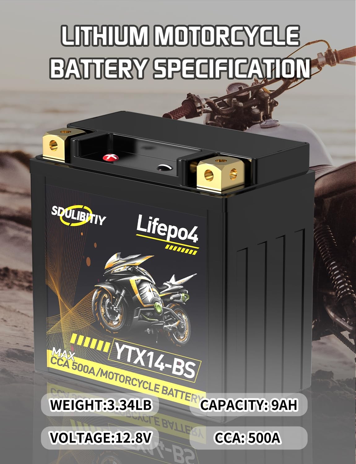 -BS Lithium Motorcycle Battery 12.8V 9AH 500CCA Powersports Battery YTX14
