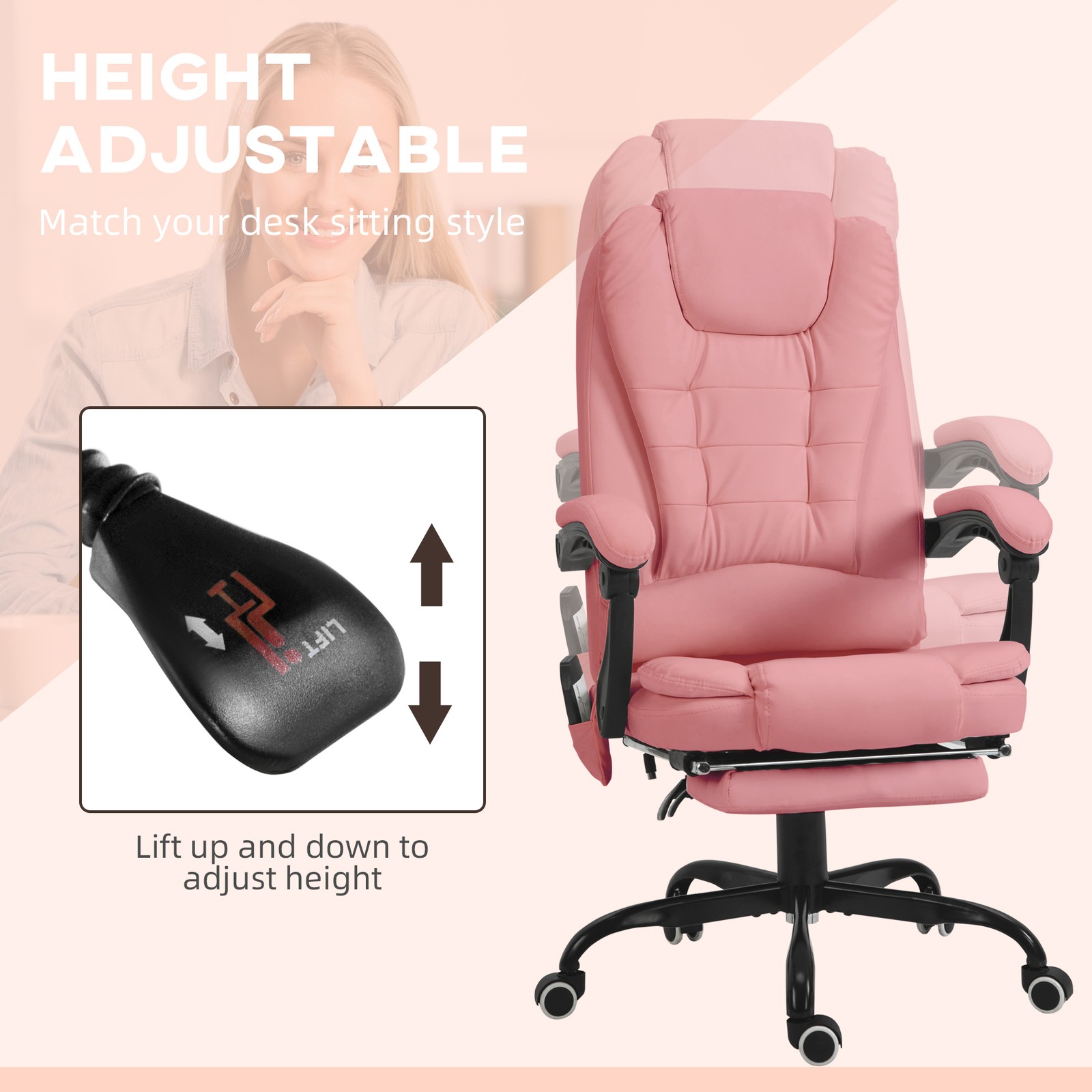 PU Leather Massage Computer Chair w/ Padded Seat and Adjustable Height, Pink