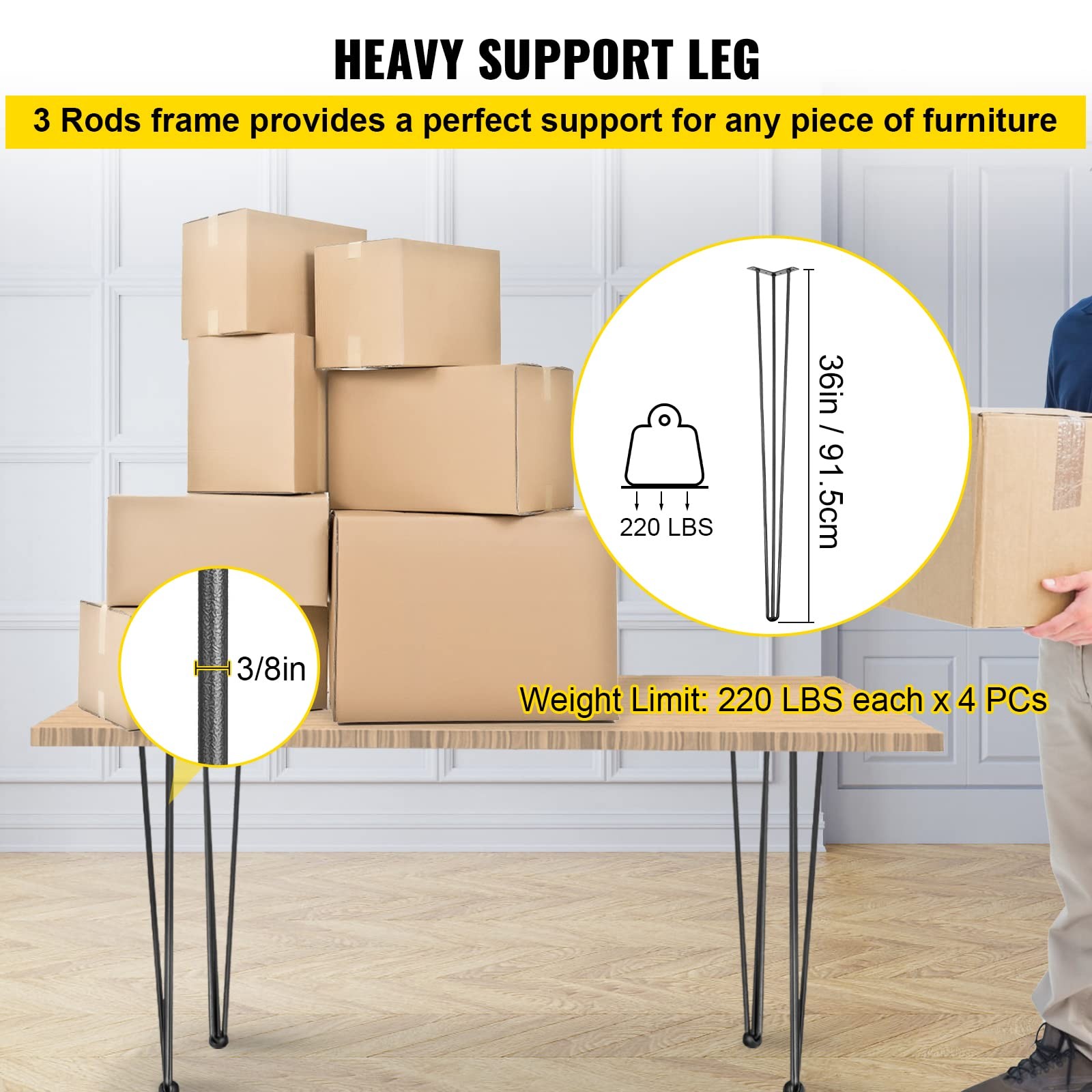 36 Inch Black Hairpin Table Legs Set of 4 Durable Steel for DIY Furniture Pro...