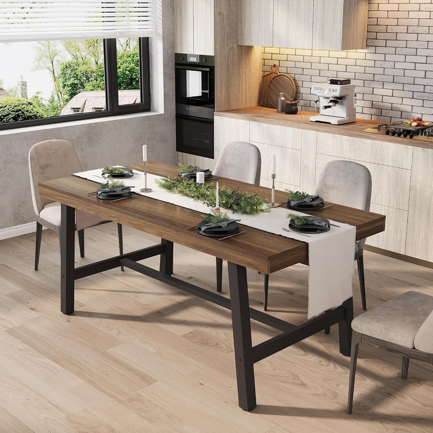 Industrial Dining Table for 4-6 People 63 in Long Wooden Kitchen Table W/ Sturdy