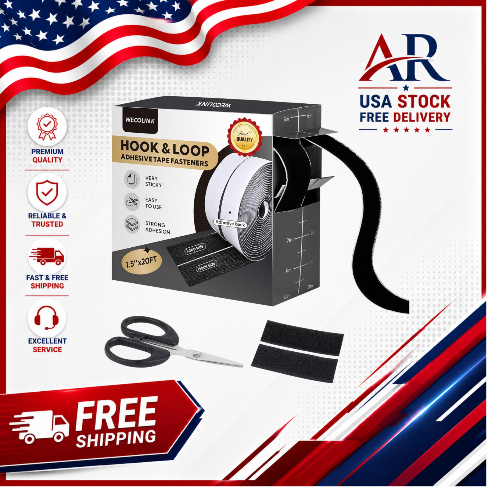 20Ft X 1.5 Inch Hook and Loop Tape Strips with Adhesive, Heavy Duty Sticky Back