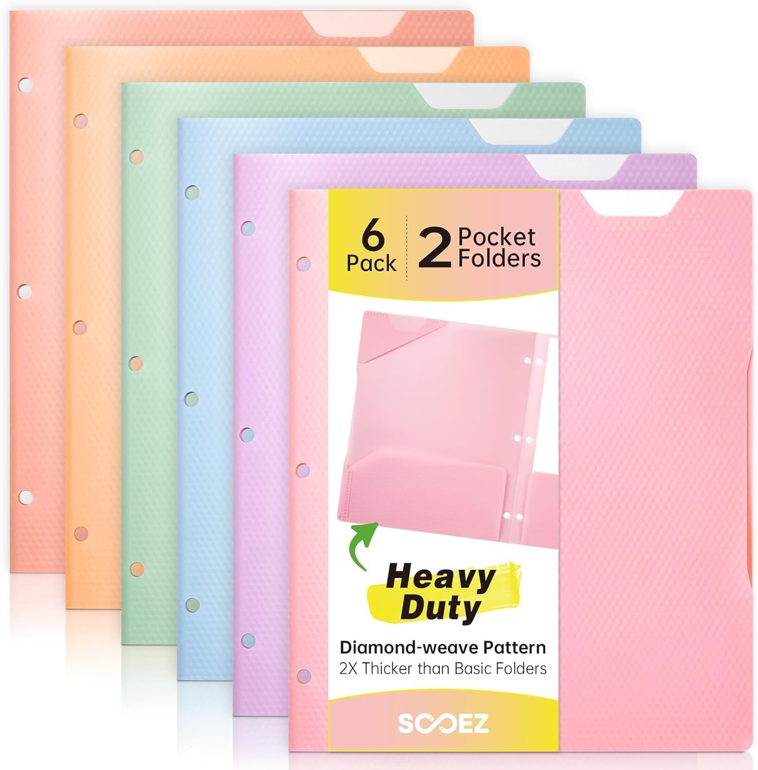 6 Pack Heavy Duty Plastic 2-Pocket Folders with Writable Top Tab - Pastel Colors