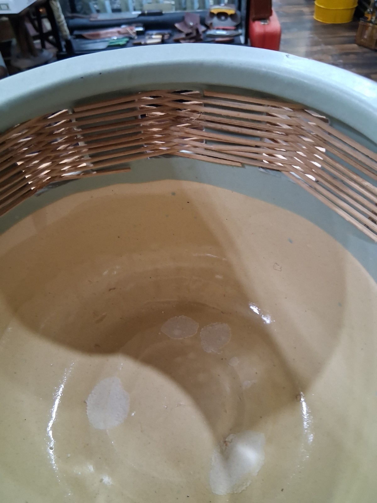 Sage Green Ceramic Planter with Woven Wicker Band