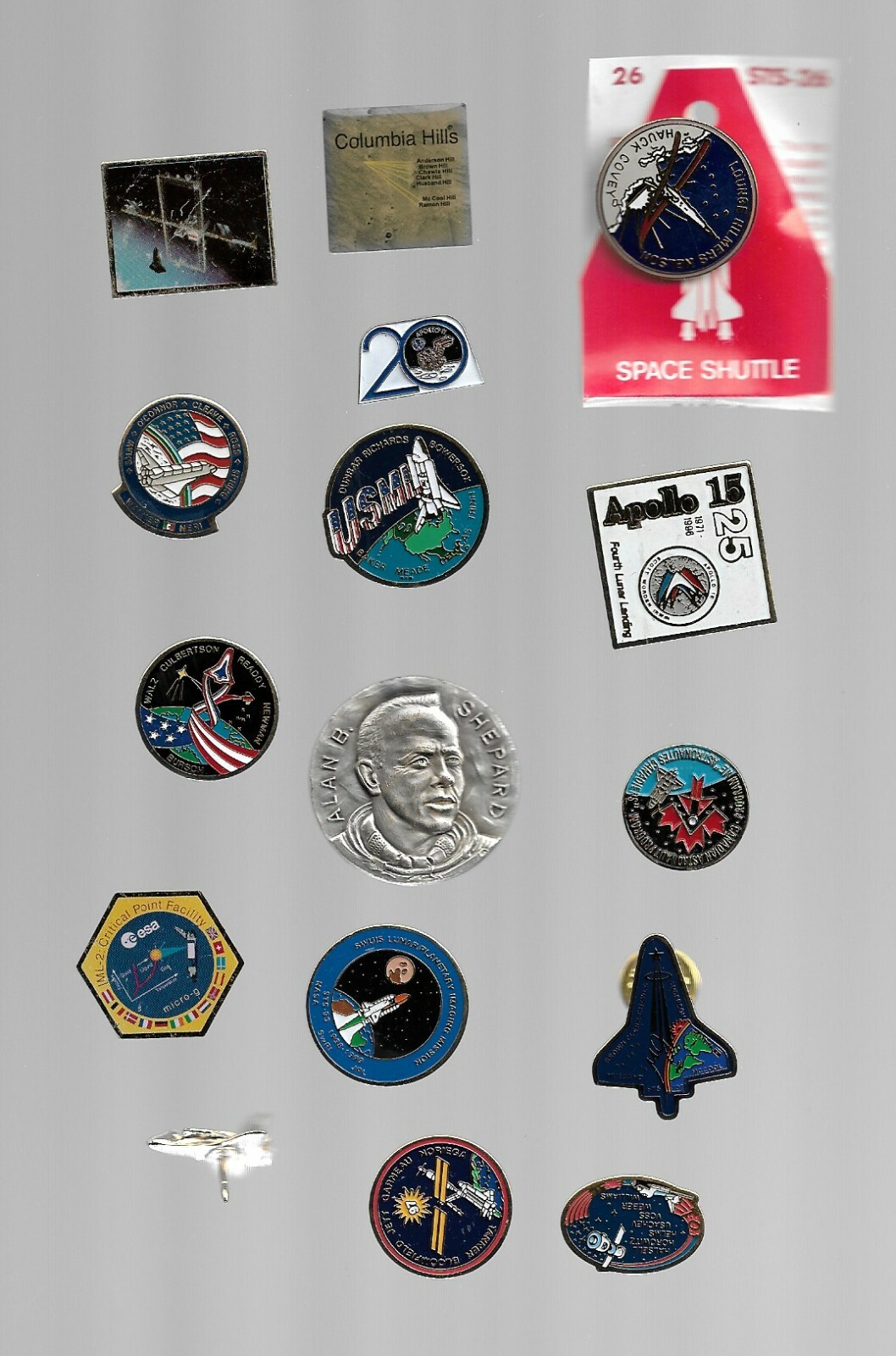 APOLLO / SHUTTLE LAPEL PIN SET WITH ALAN SHEPARD ITALIAN COIN  15 PINS 1 COIN