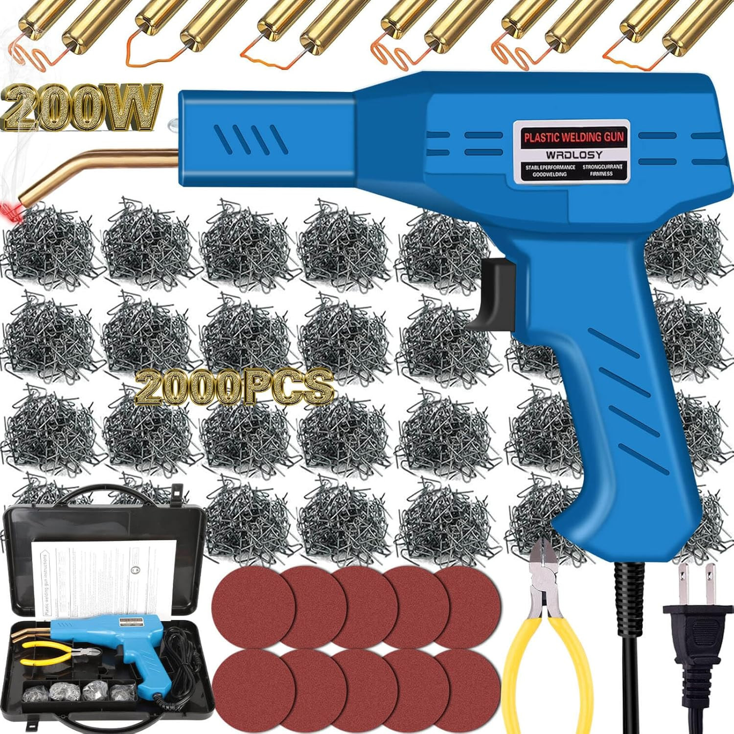 200W Plastic Welder, 2000PCS Staples 10PCS Sandpaper, Plastic Welding Kit, Plier