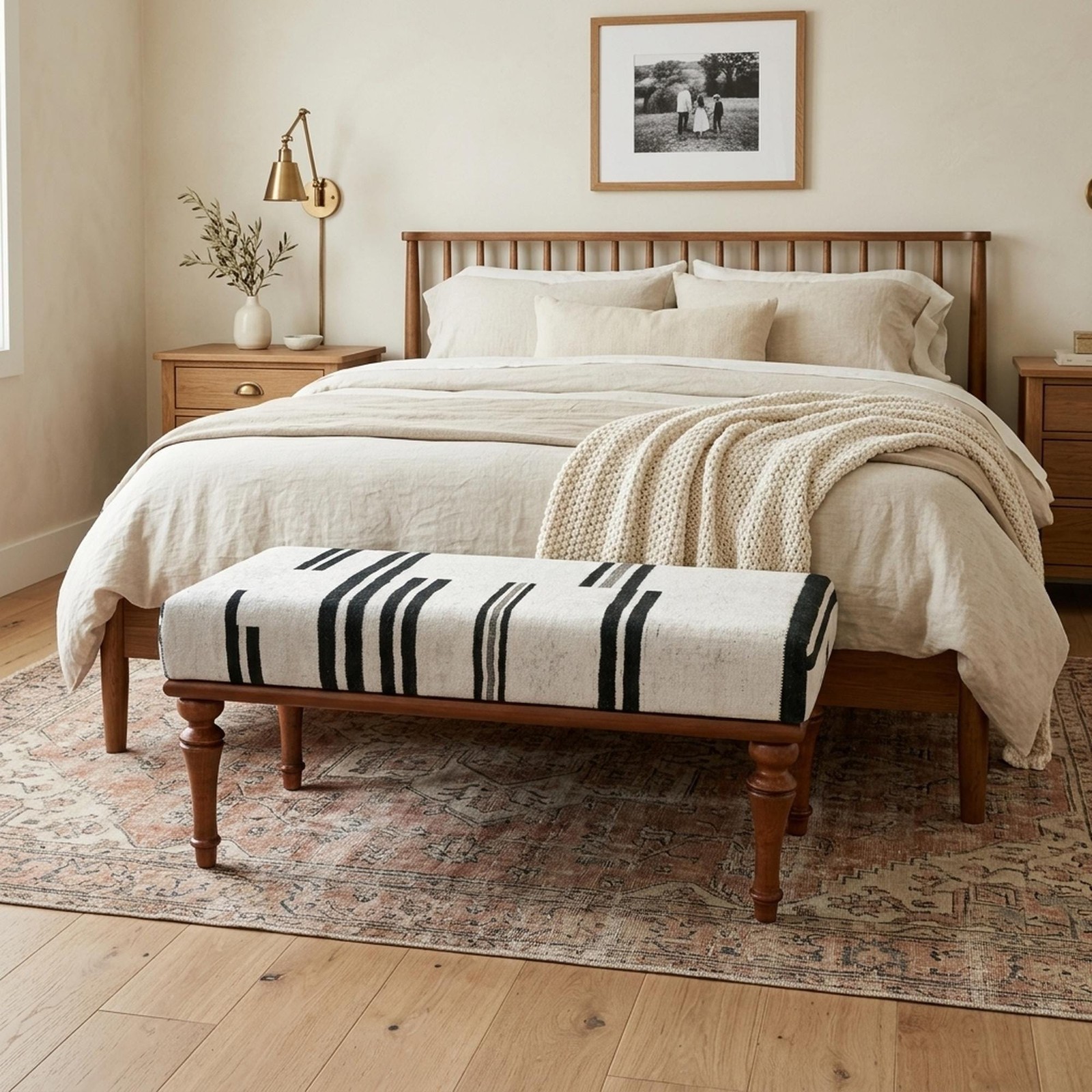 Kilim Ottoman Bench Handmade Upholstered Artisan Hornbeam Wood Entryway