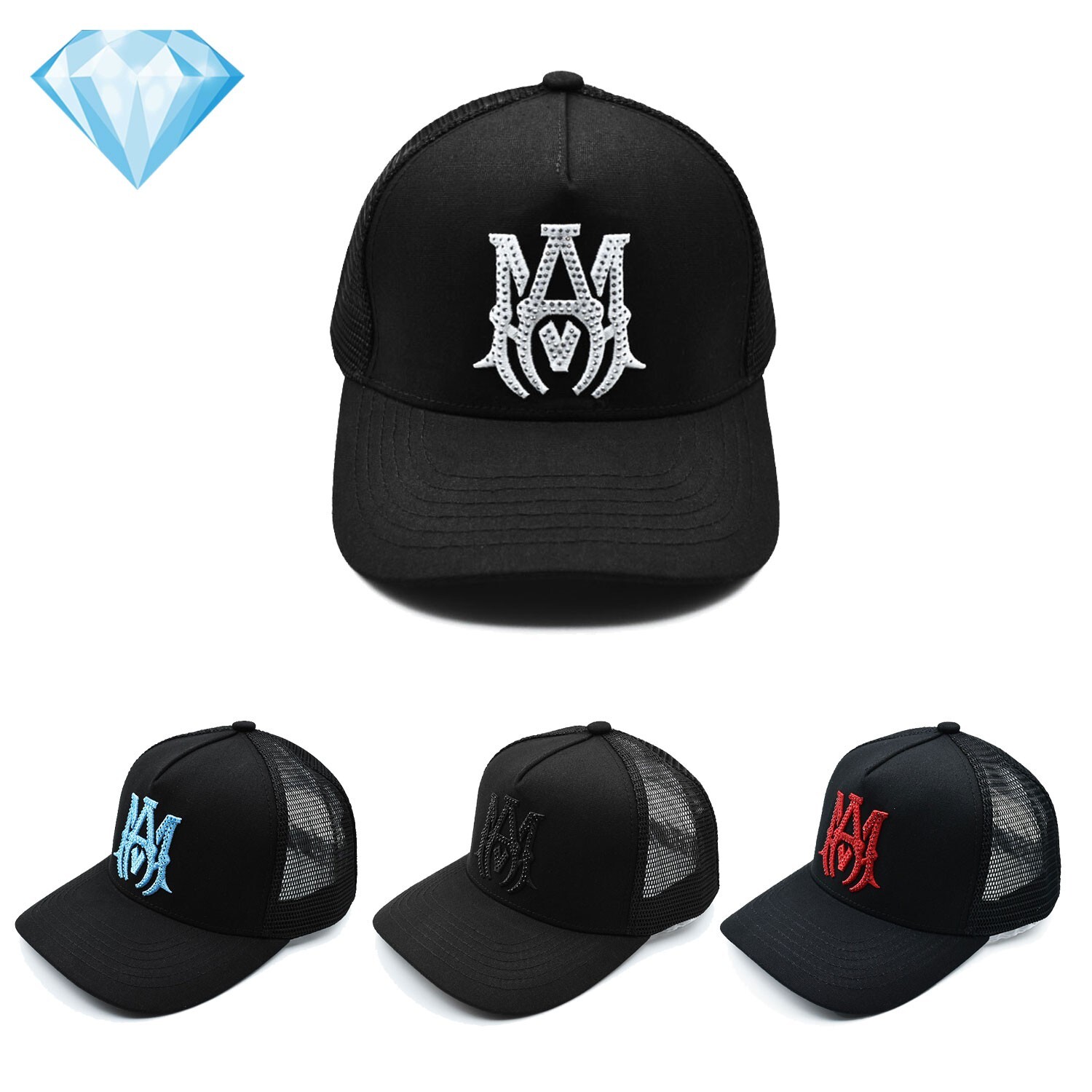 Mens AM Logo Embroidered With Diamond Trucker Cap MA Baseball Cap Womens