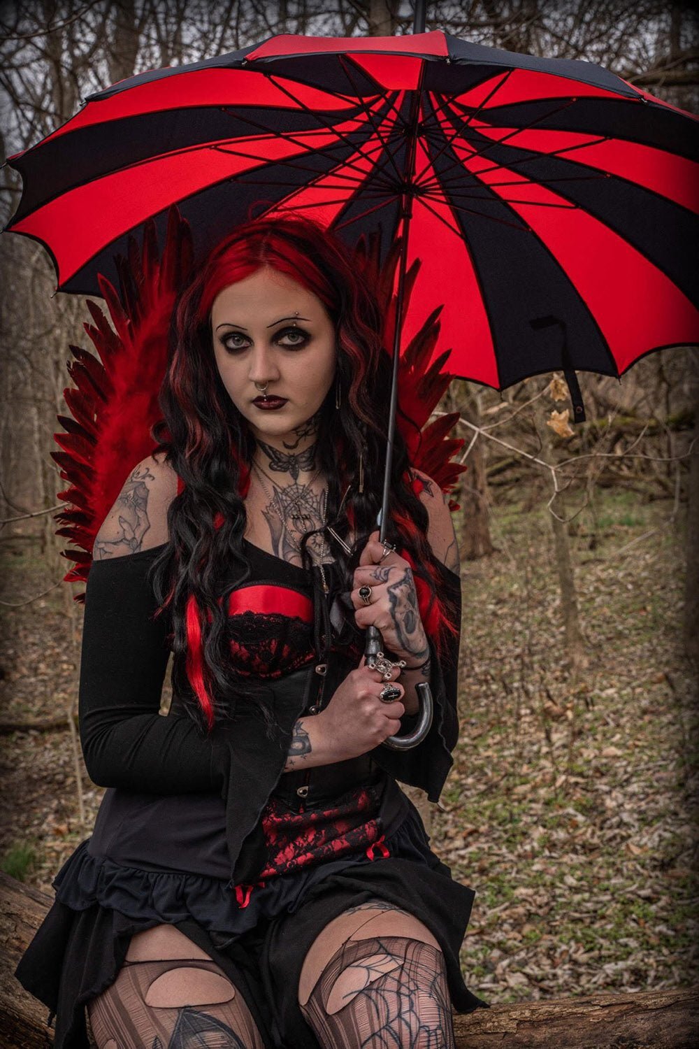 Batwing Pagoda Umbrella [BLACK/RED STRIPED] Goth Emo Fancy