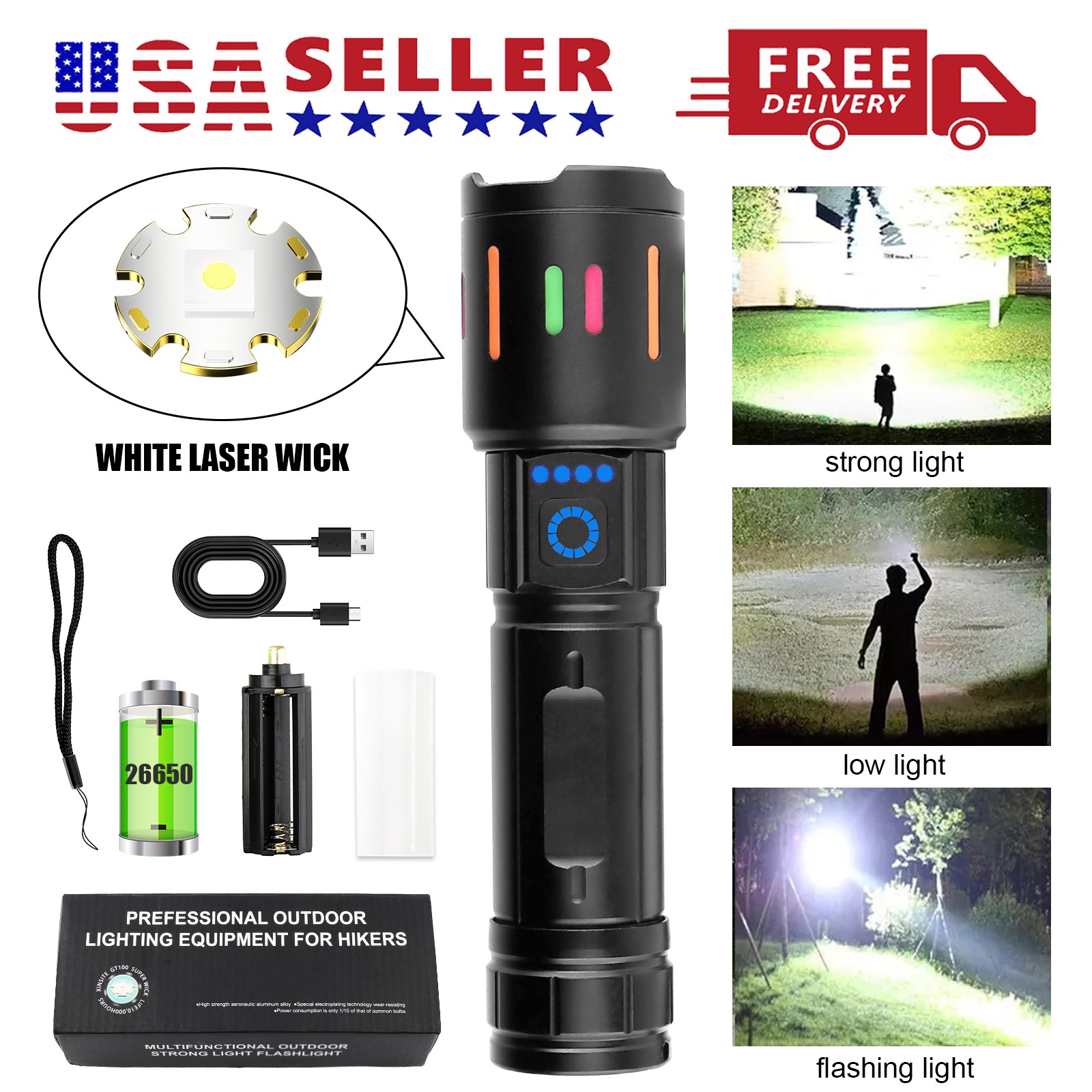 350000000 Lumen Super Bright LED Tactical Flashlight Rechargeable LED Work Light