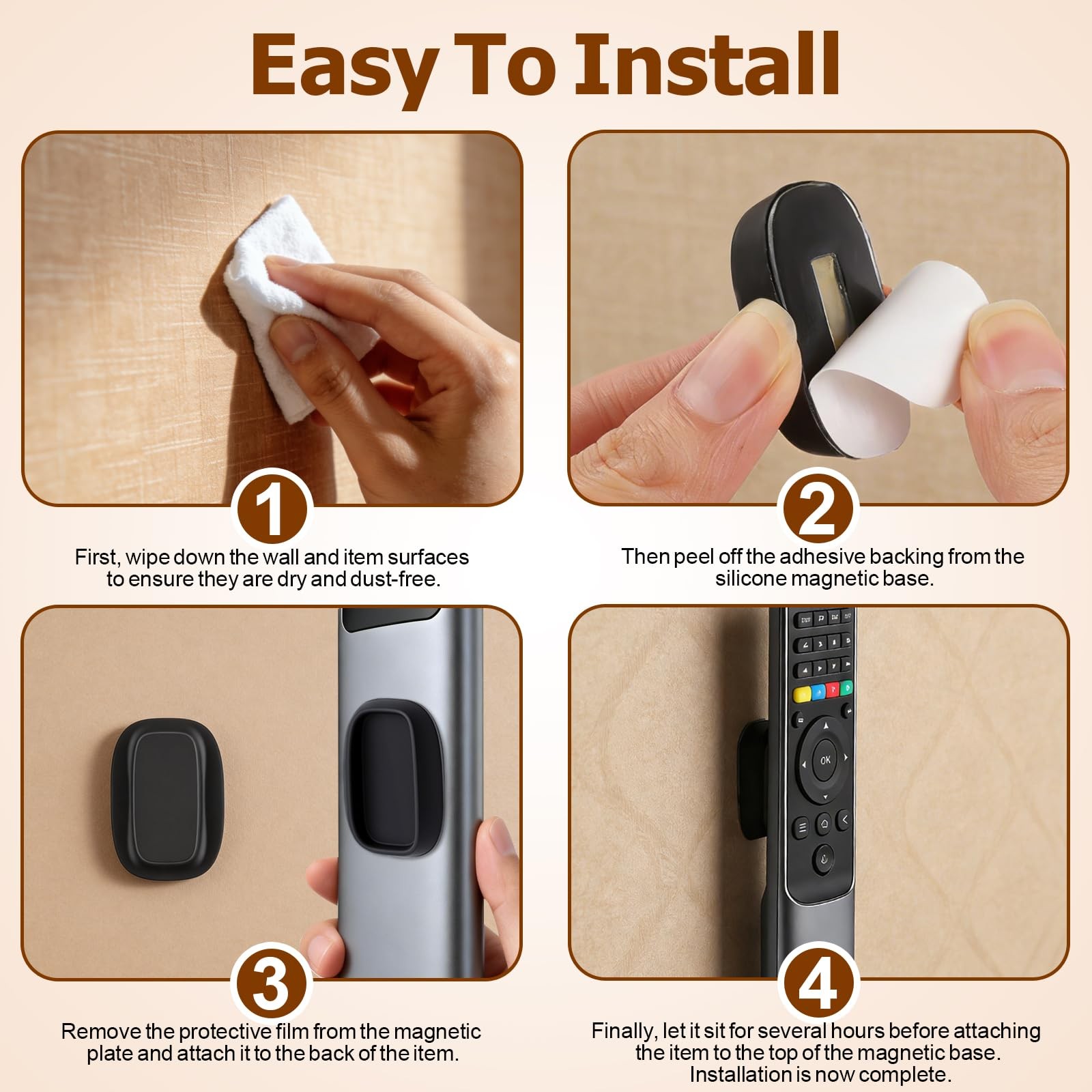 Magnetic Remote Control Holder 4 Pack Wall Mount No Drill Self-Adhesive