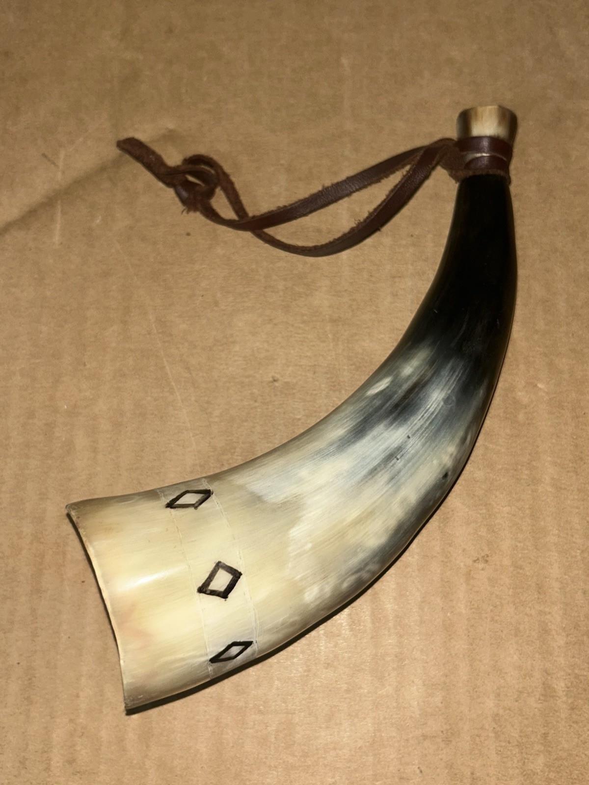 Vintage Black Powder Horn Flask Old Rifle Pistol Cap Flintlock W/ Leather Strap