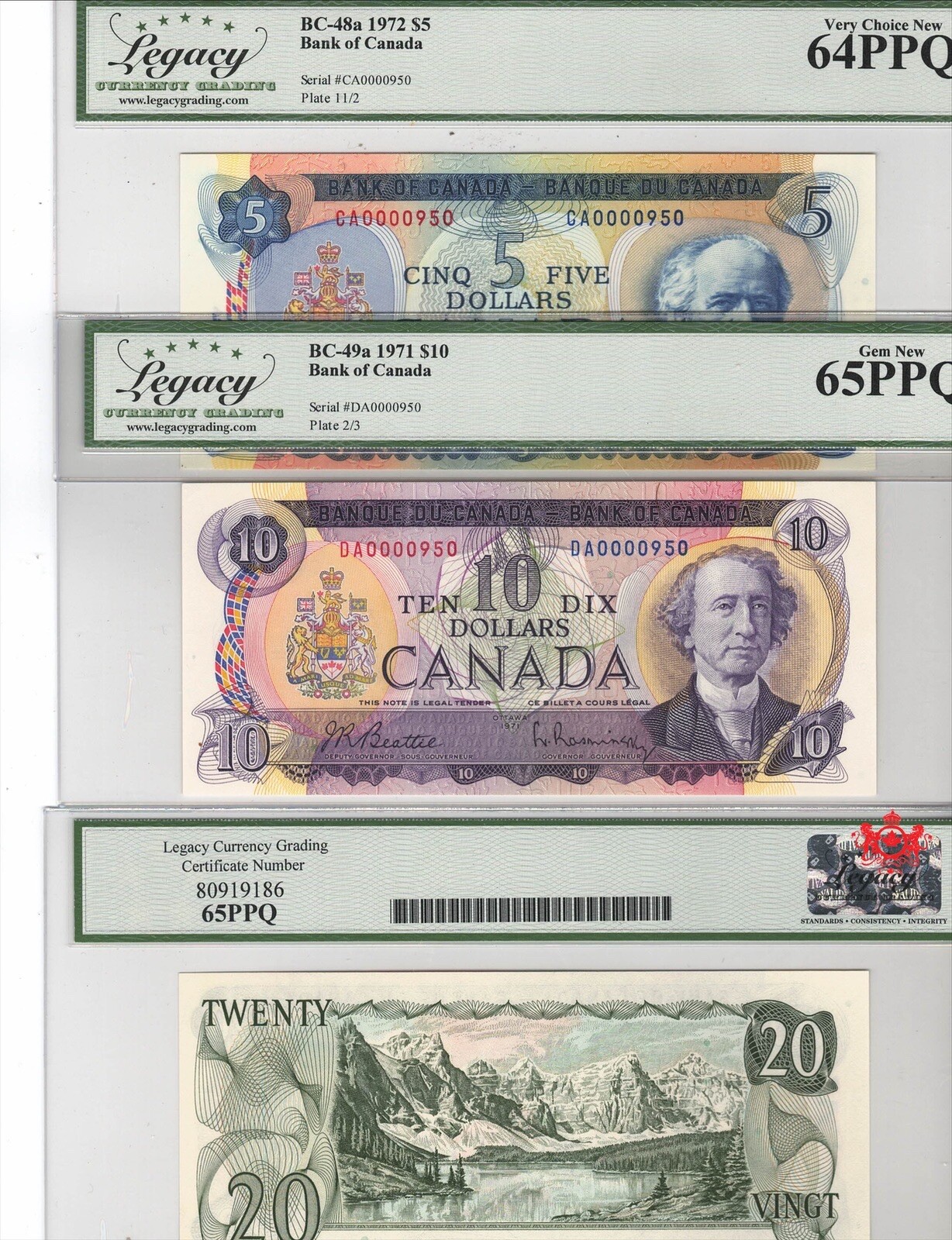 1972-1979 Bank Of Canada 5,10,20$ Low Serial Number Matching - Legacy Graded -