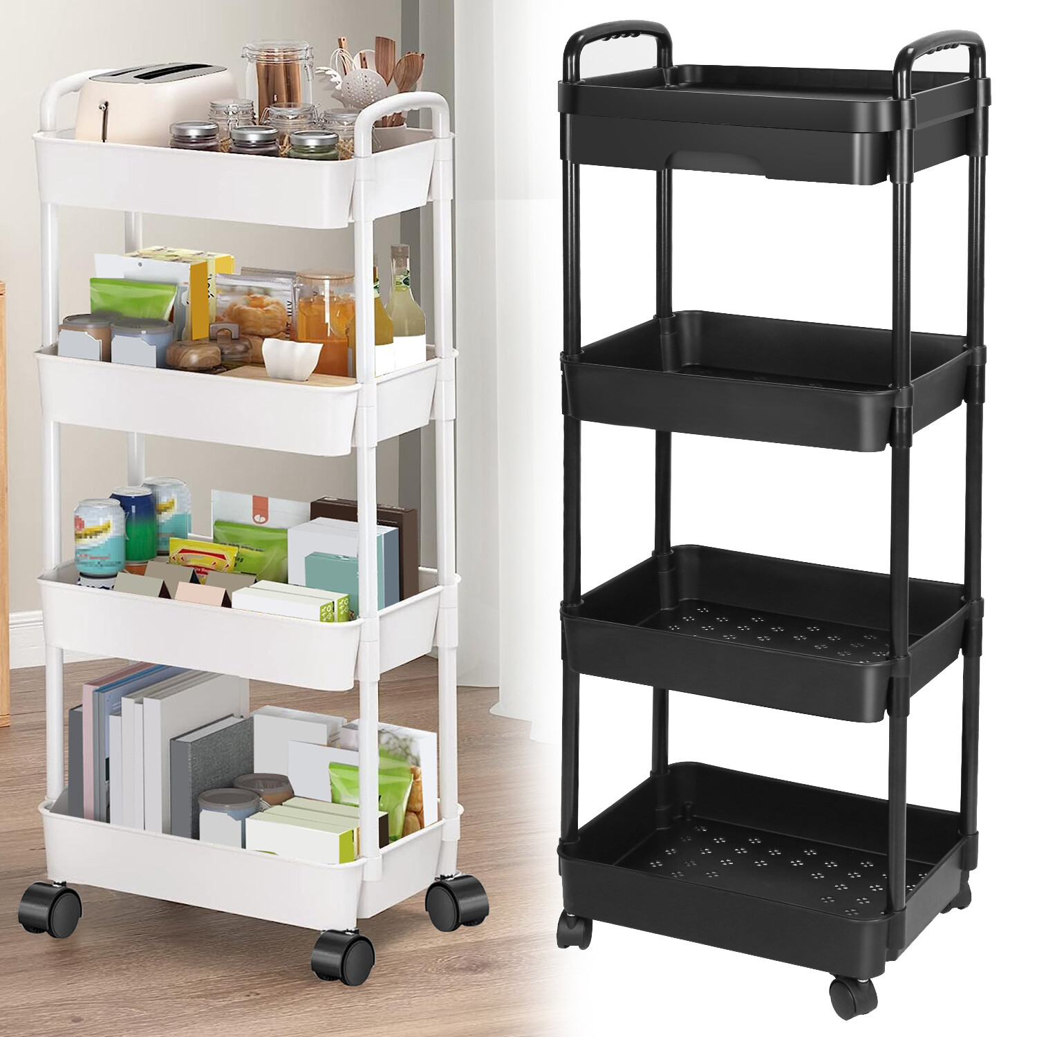 3/4-Tier Wheels Rolling Utility Cart Movable Space Storage Organizer with Drawer