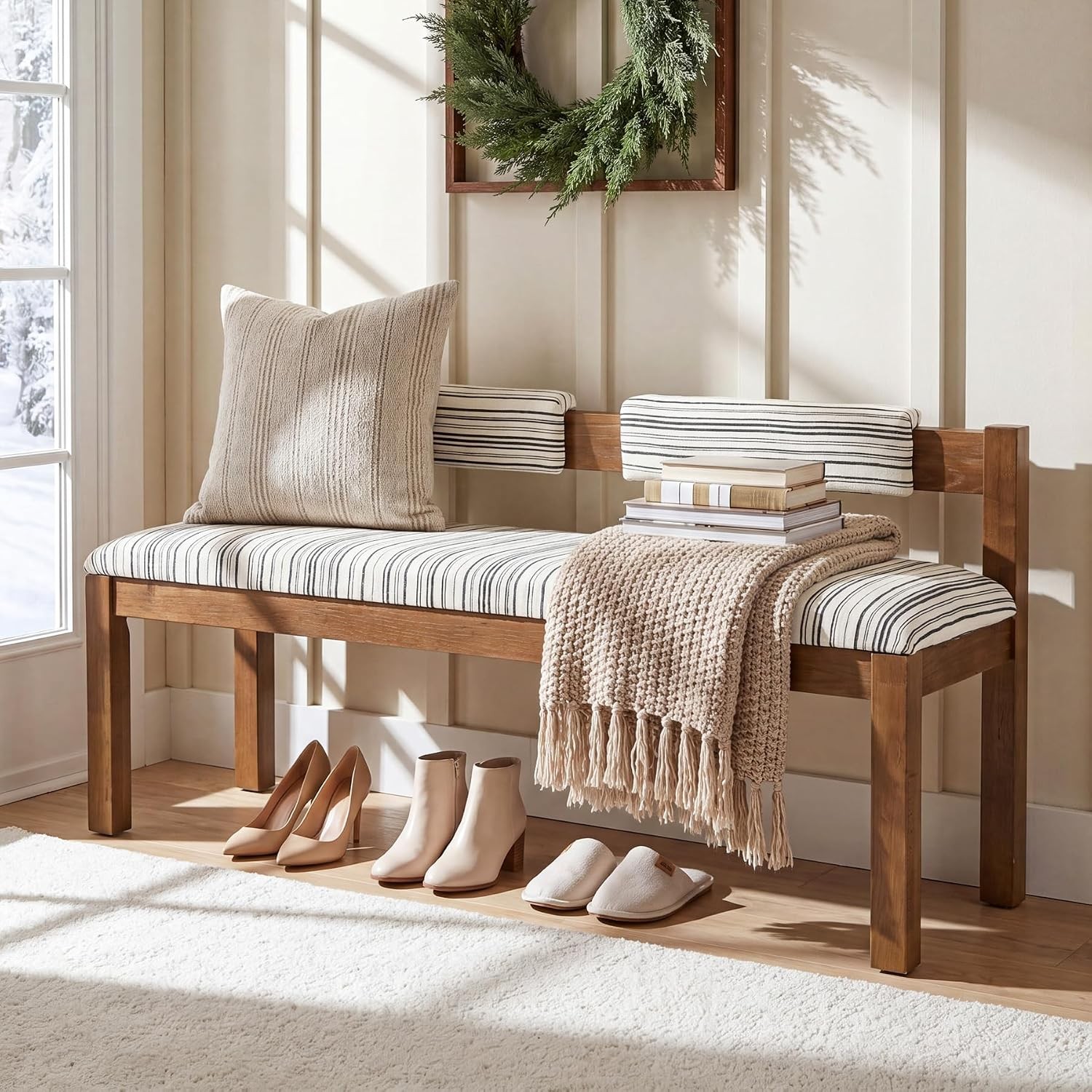 55-Inch Modern Solid Wood Upholstered Entryway Bench with Backrest for Hallway