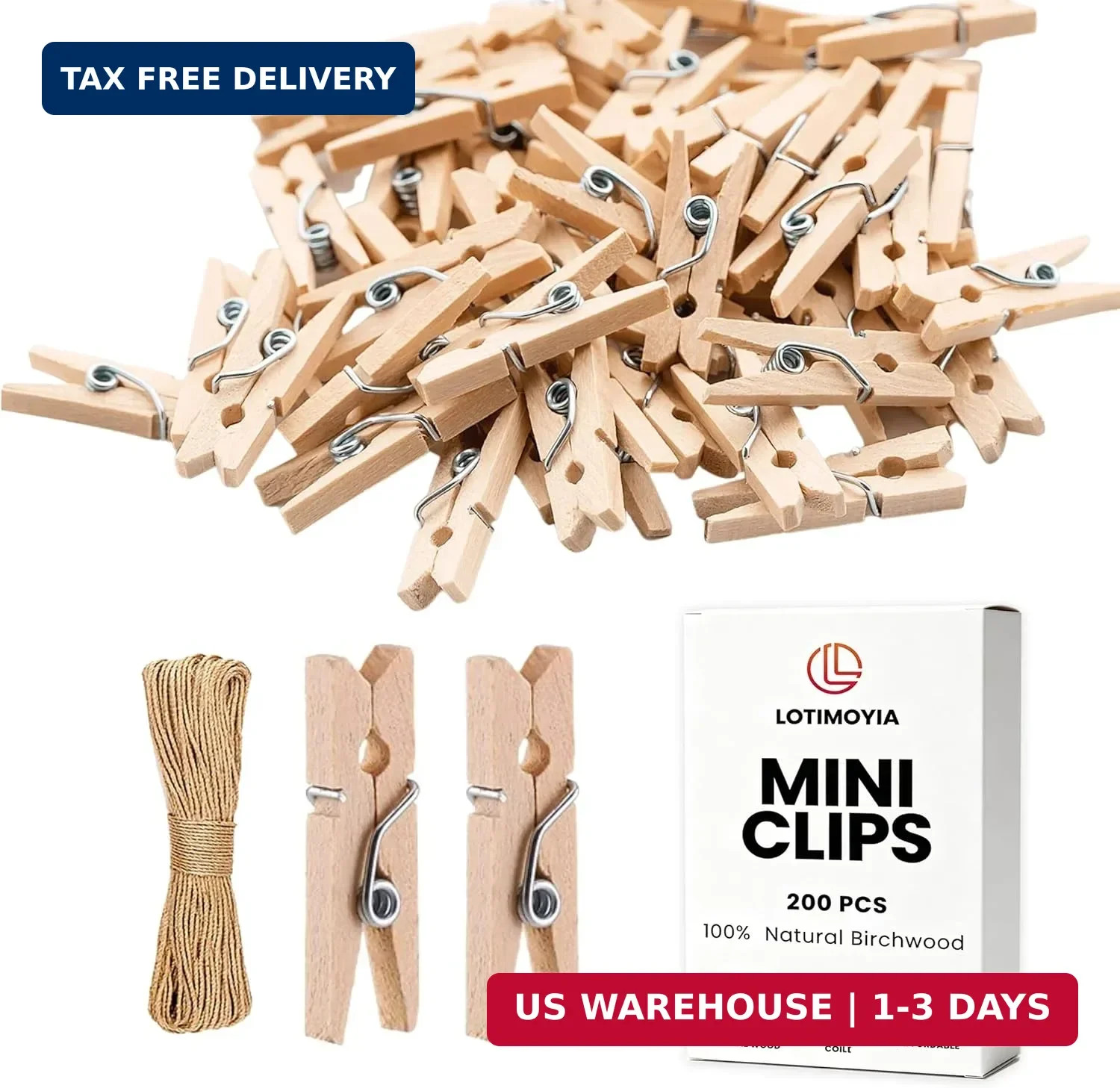 Mini Clothes Pins 200 Pcs - 1" Wooden Clothespins with 11FT Jute Twine