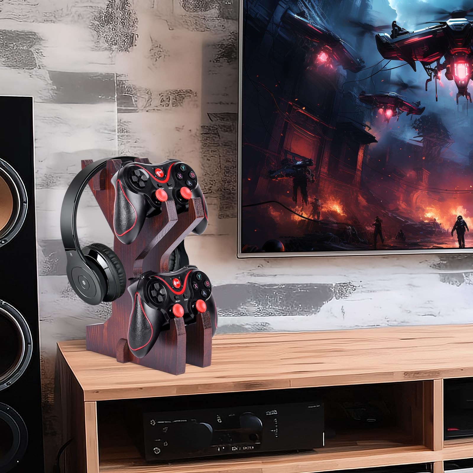 Wooden 2-Tier Game Controller & Headset Stand for PS5/PS4/Xbox Series