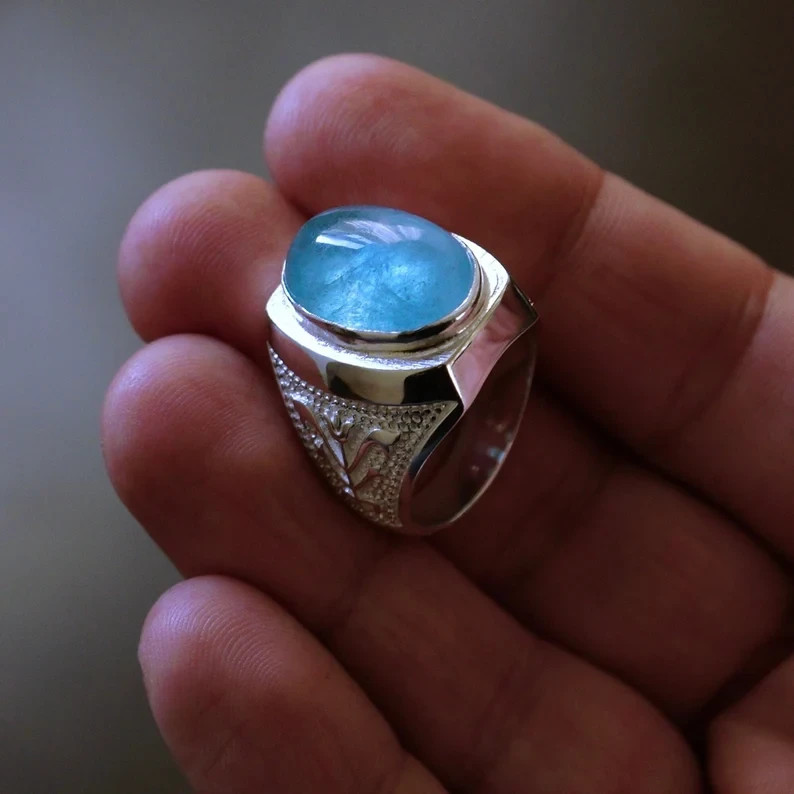 Natural Aquamarine Ring for Men 925 Sterling Silver Handmade Artisan Jewelry