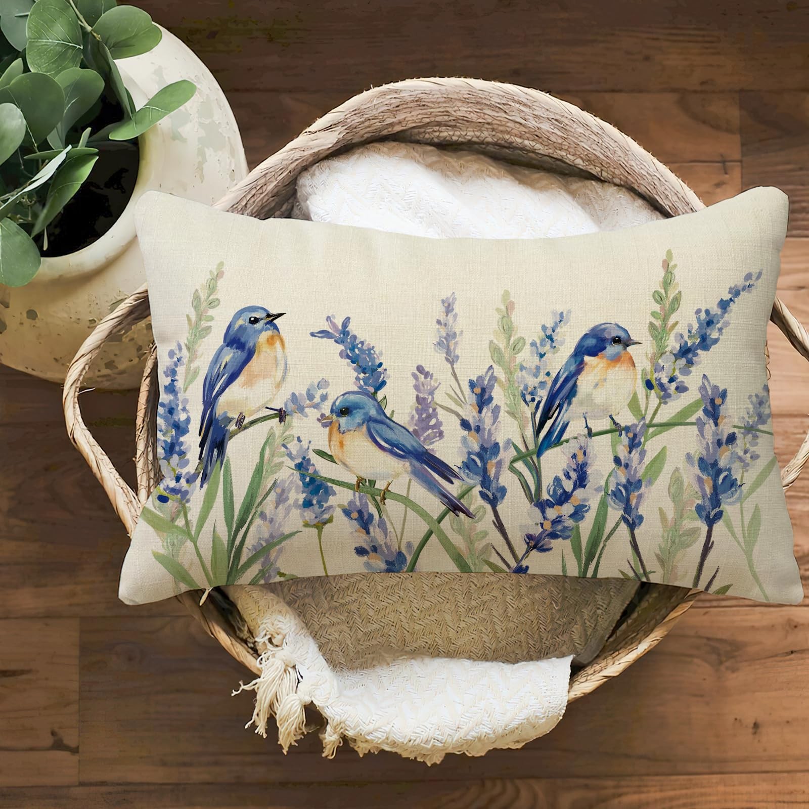 Spring Summer Bluebirds Lumbar Decorative Rectangle Pillow Cover 12 x 20, Wat...