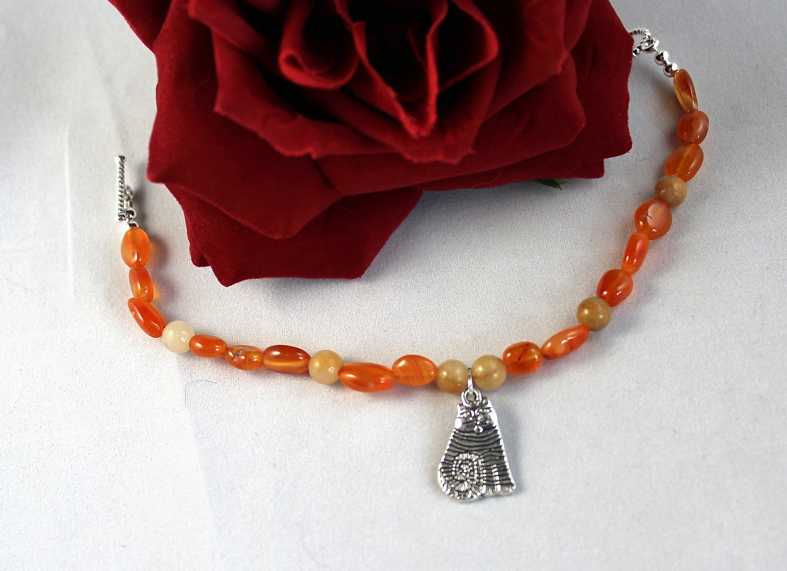 Artisan Carnellian & Quartz   Beads Cat Charm Bracelet CAT RESUCE