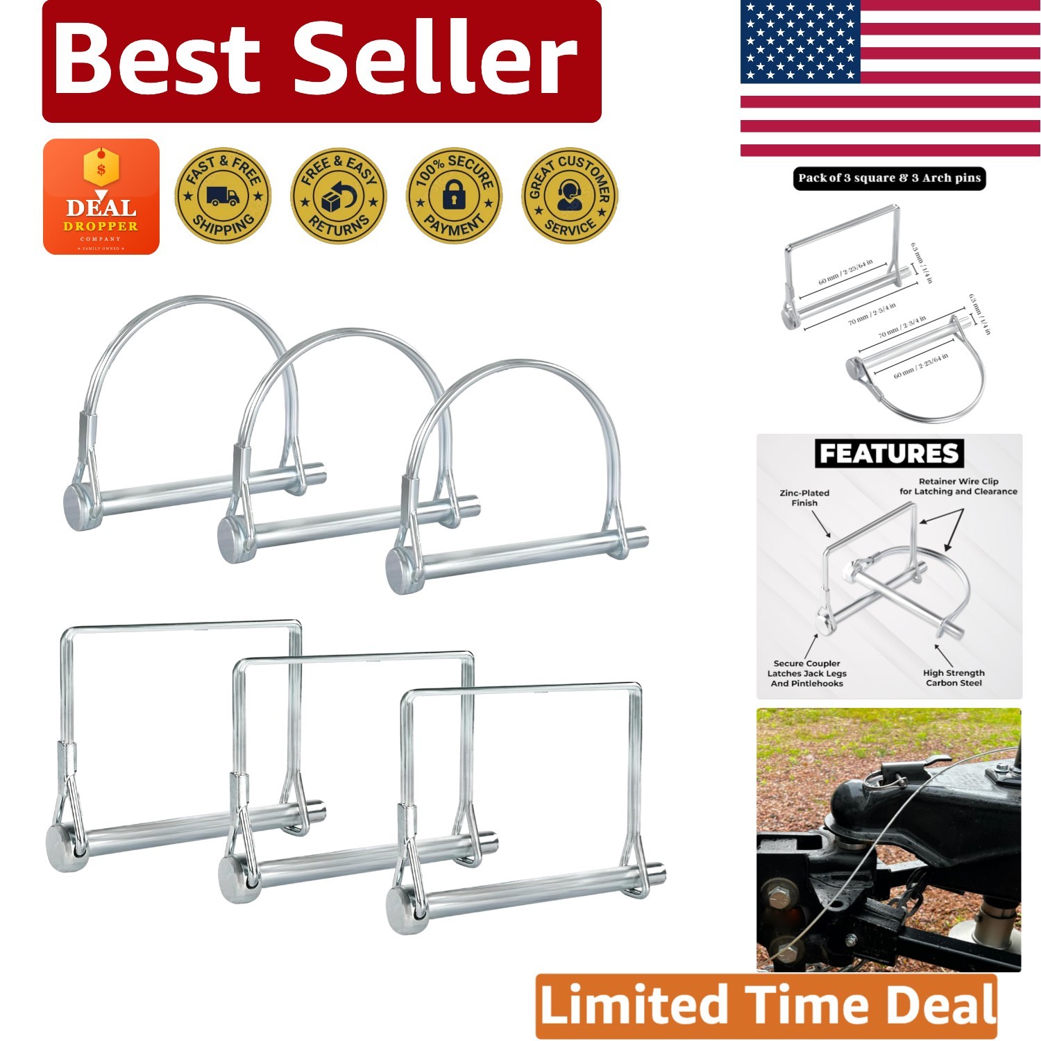 Compact 6-Pack of 2-3/4" Zinc Plated Hitch Pins for Lawn Equipment & Trailers