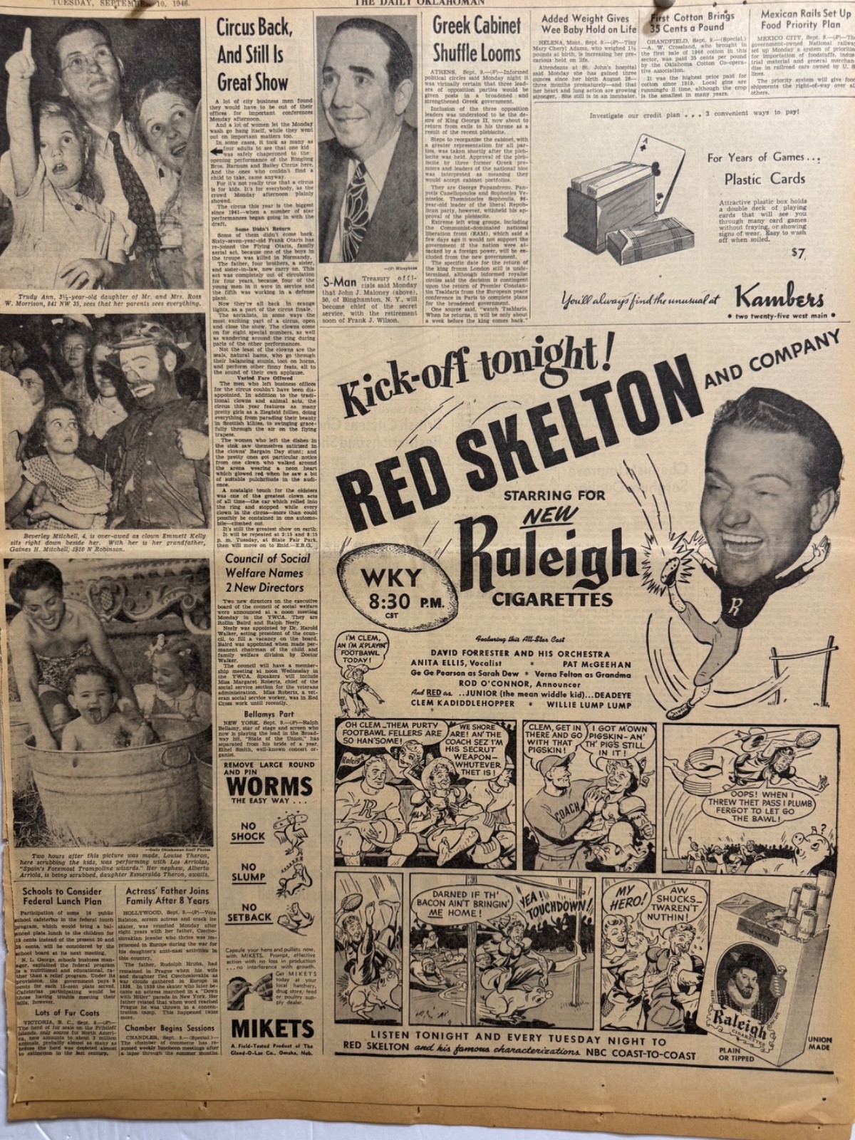 1946 RED SKELTON & RALEIGH CIGARETTE NEWSPAPER PAGE FREE SHIPPING
