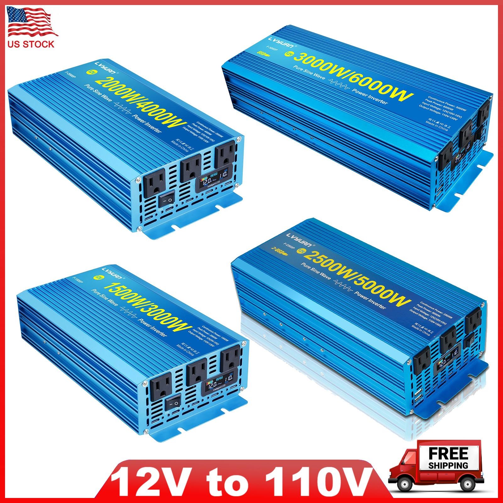 3000W 6000W Pure Sine Wave Power Inverter 12V to 110V Converter 3AC LCD Display