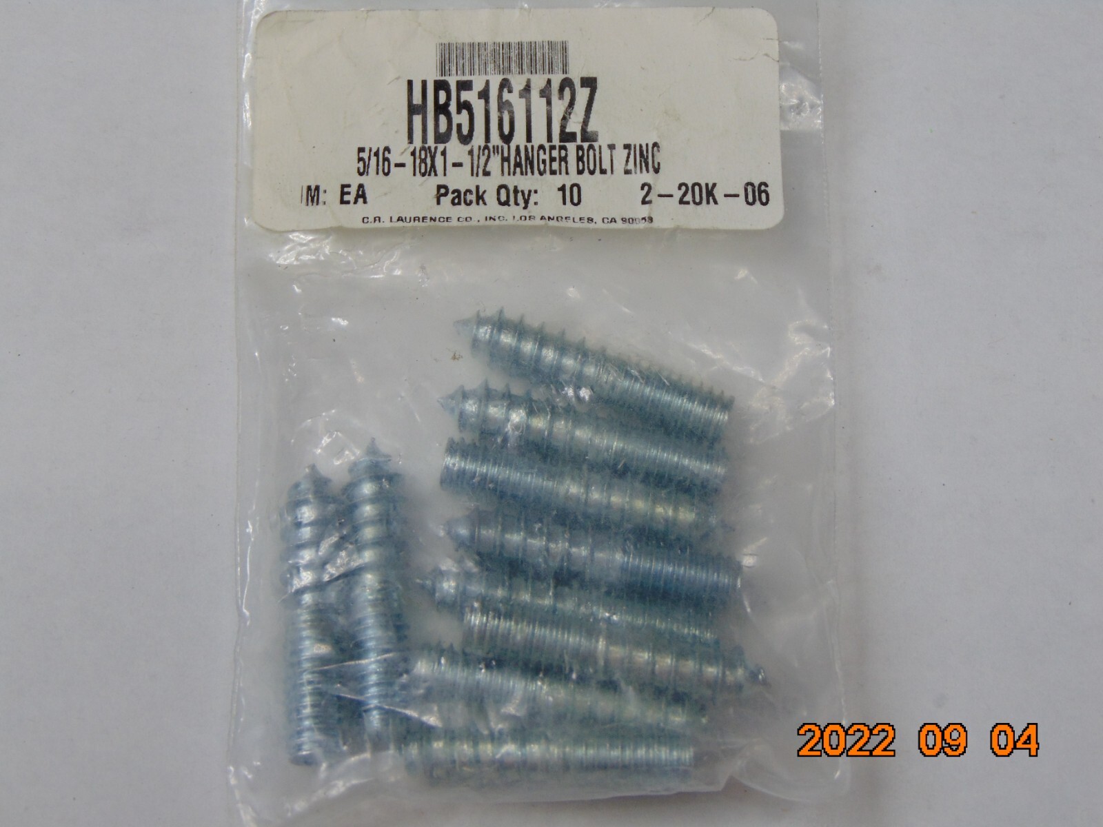 LOT OF 10 CRL HB516112Z CRL Zinc 5/16-18 X 1-1/2" Long Hanger Bolt