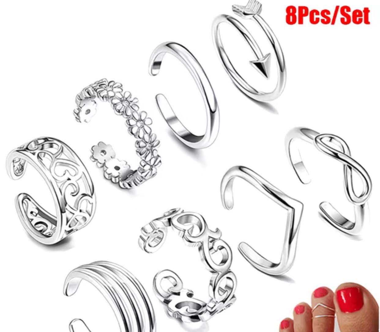 8pcs Silver Adjustable Toe Rings Set Band Wrap Infinity Arrow Heart Styles