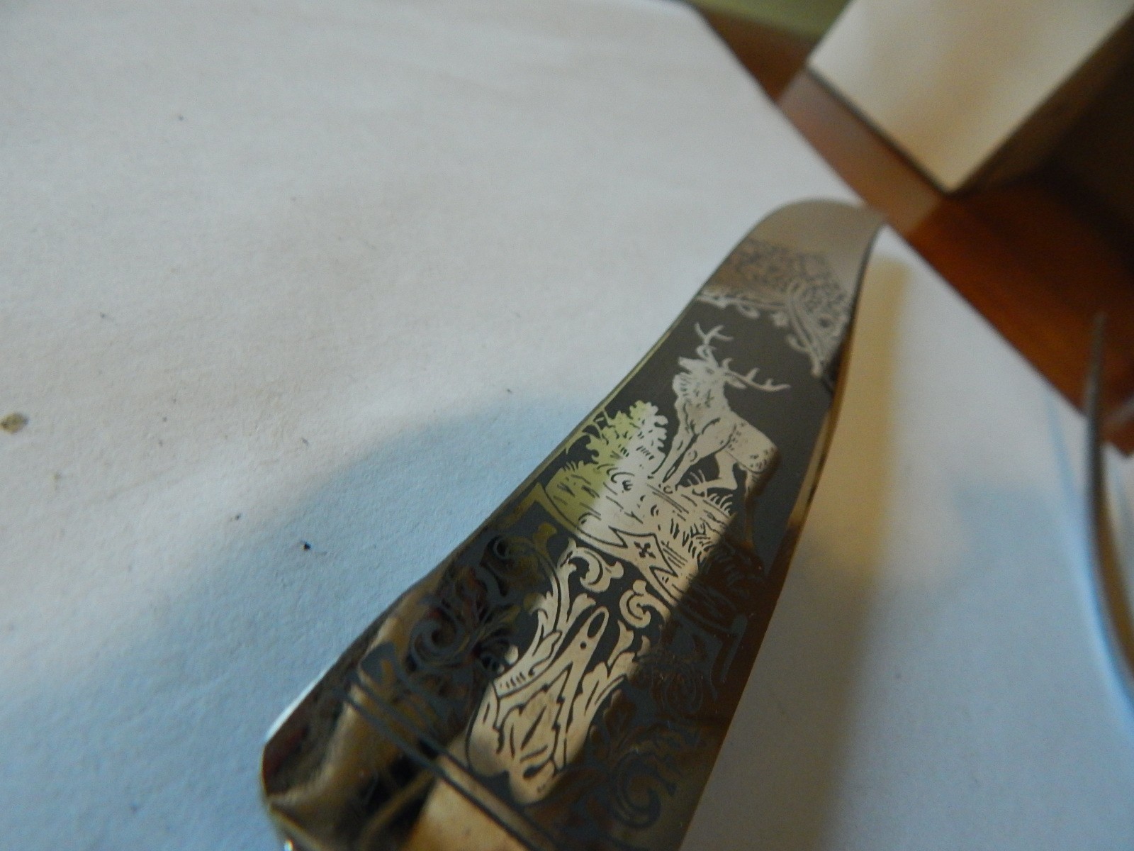 VTG 1950S 60S ? PEABODY GERMANY STAG ELK CARVING SET LUCITE HANDLES ETCHED BLADE