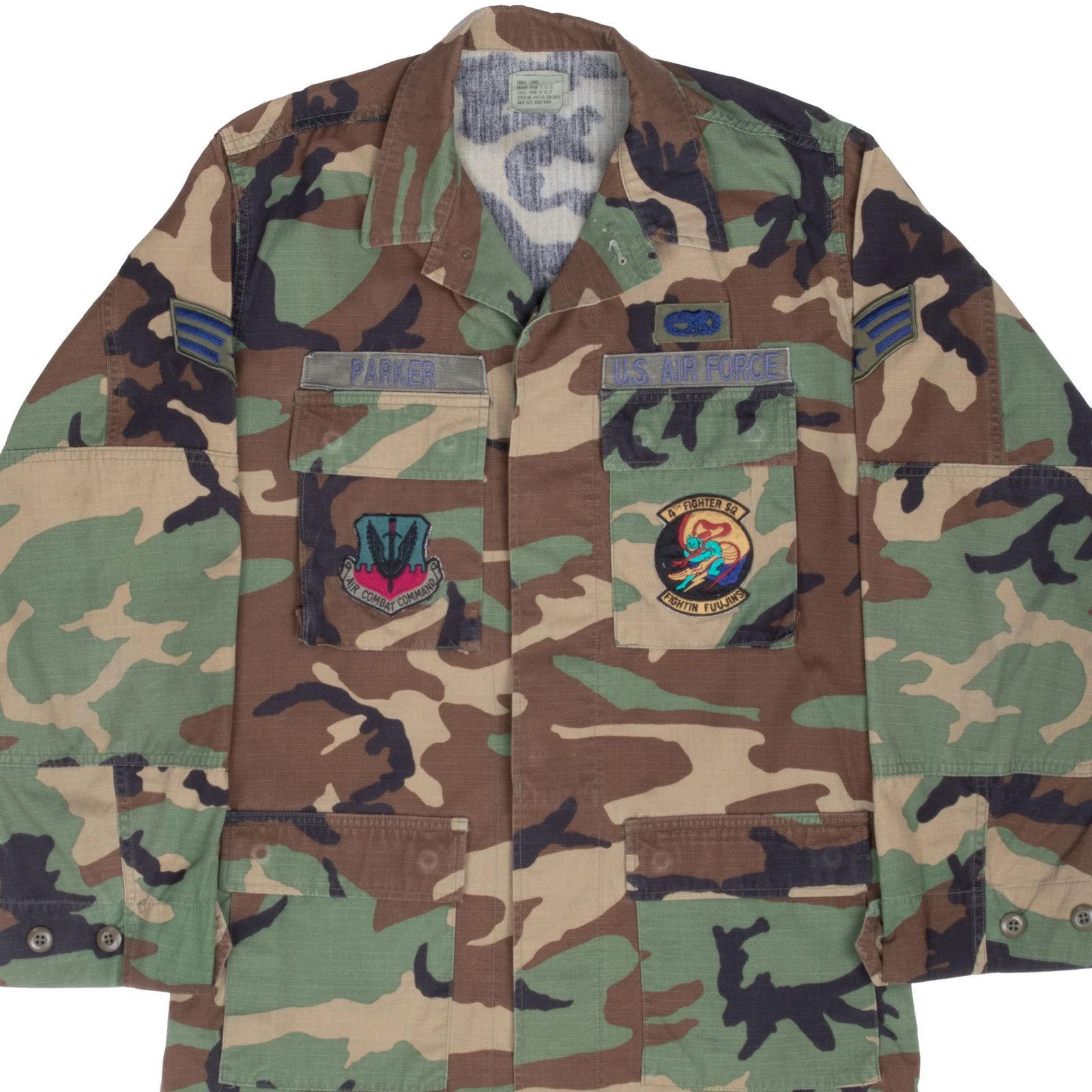 VINTAGE USAF AIR FORCE WOODLAND CAMO COMBAT JACKET 1996 SMALL LONG PATCH
