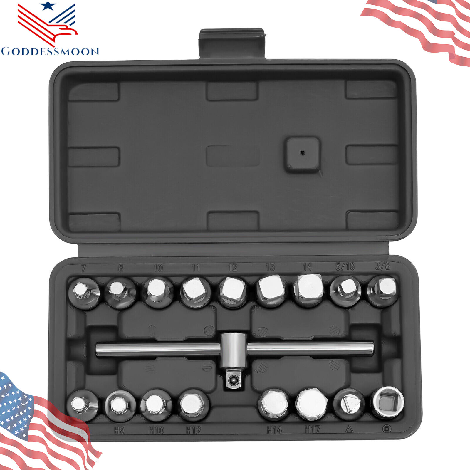 Oil Drain Pipe Plug Hexagon Square Socket Key Removal Tool Set 18Pcs 3/8''Drive