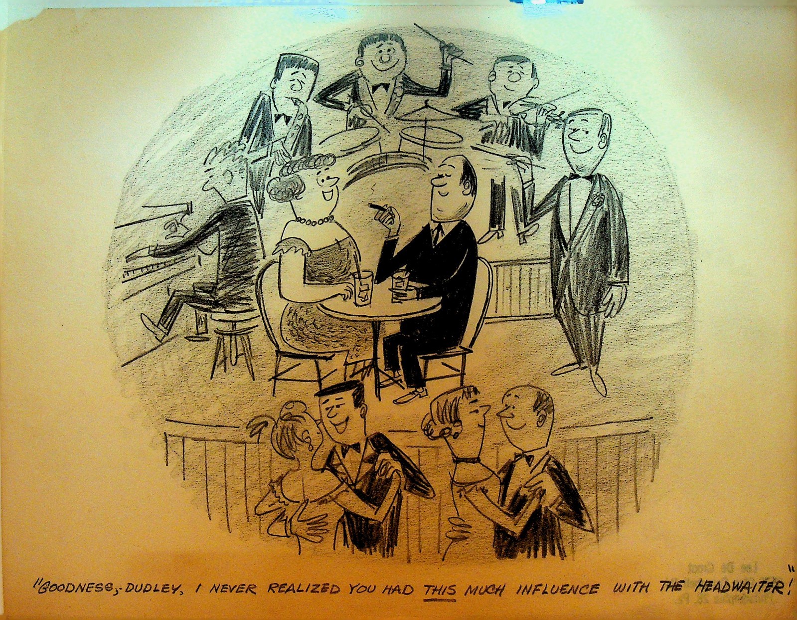 Lee DeGroot Original Art Restaurant Patron Eating on Stage With Band Head Waiter