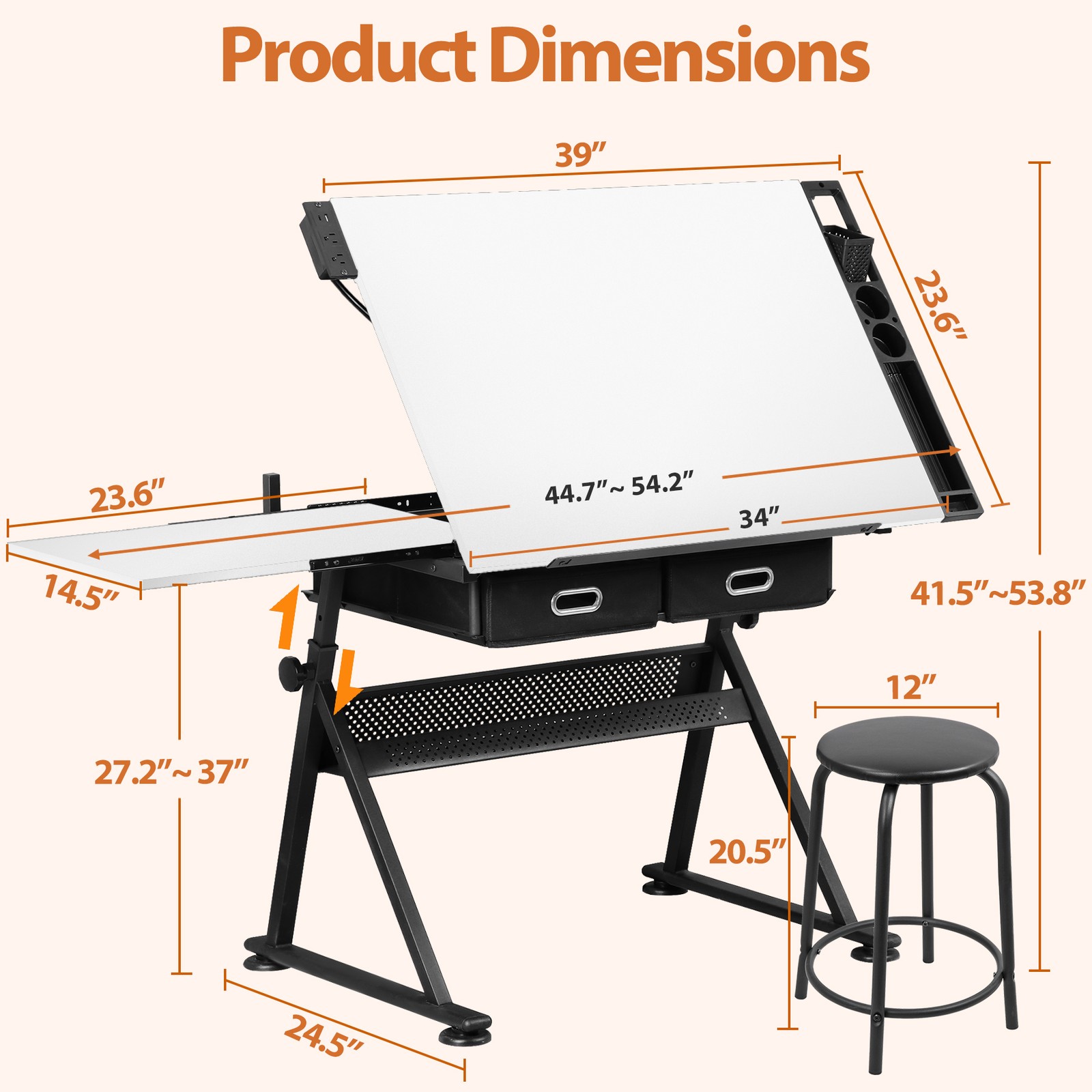 Adjustable Drafting Drawing Table Tabletop Tiltable w/ Stool & Outlet White
