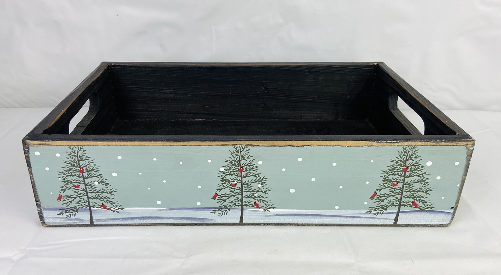 Vintage Christmas Handmade Wood Box Tray Painted Trees Cardinals Centerpiece