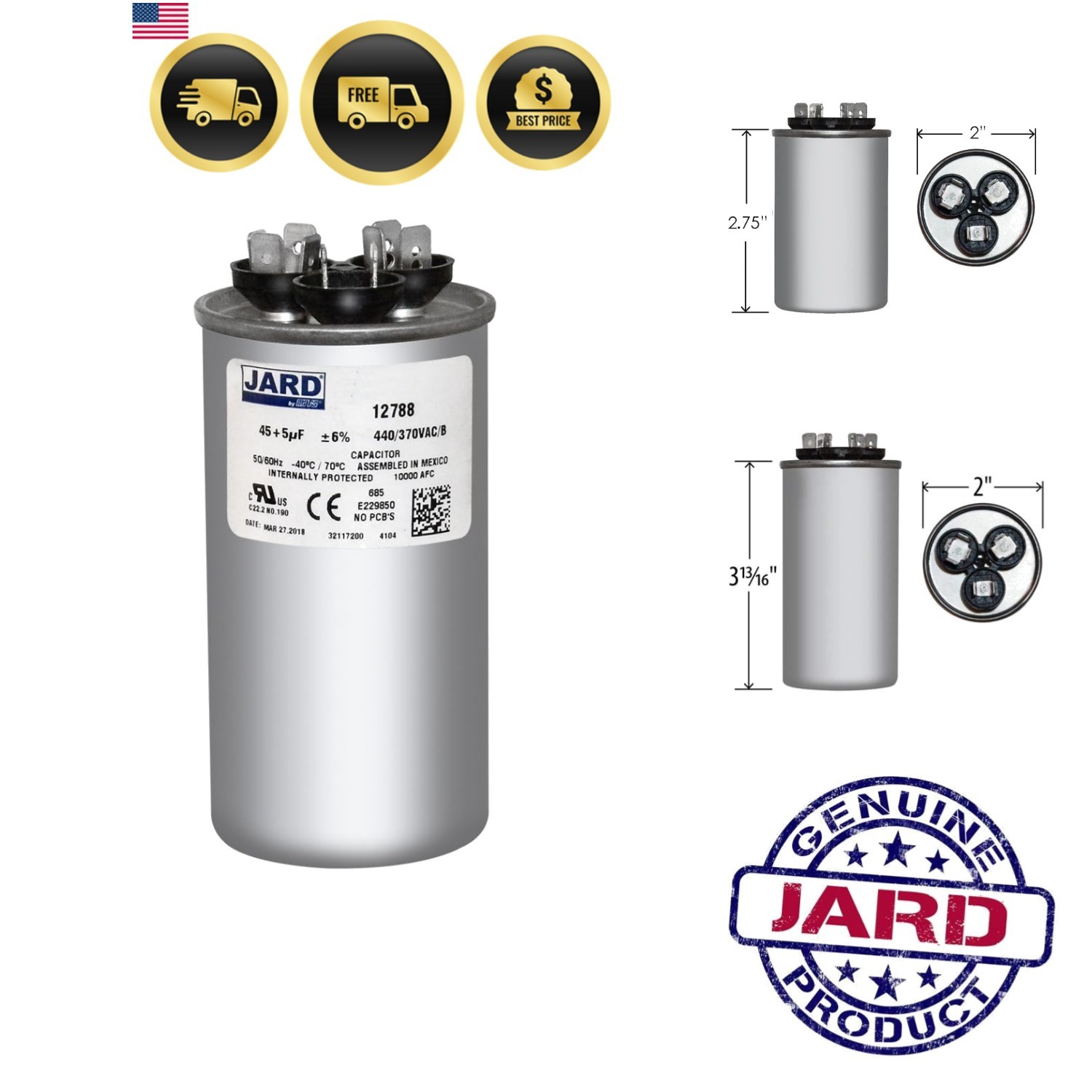 45 + 5 uF x 370 or 440 VAC - Jard 12788 Round Dual Run Capacitor, Sold Each