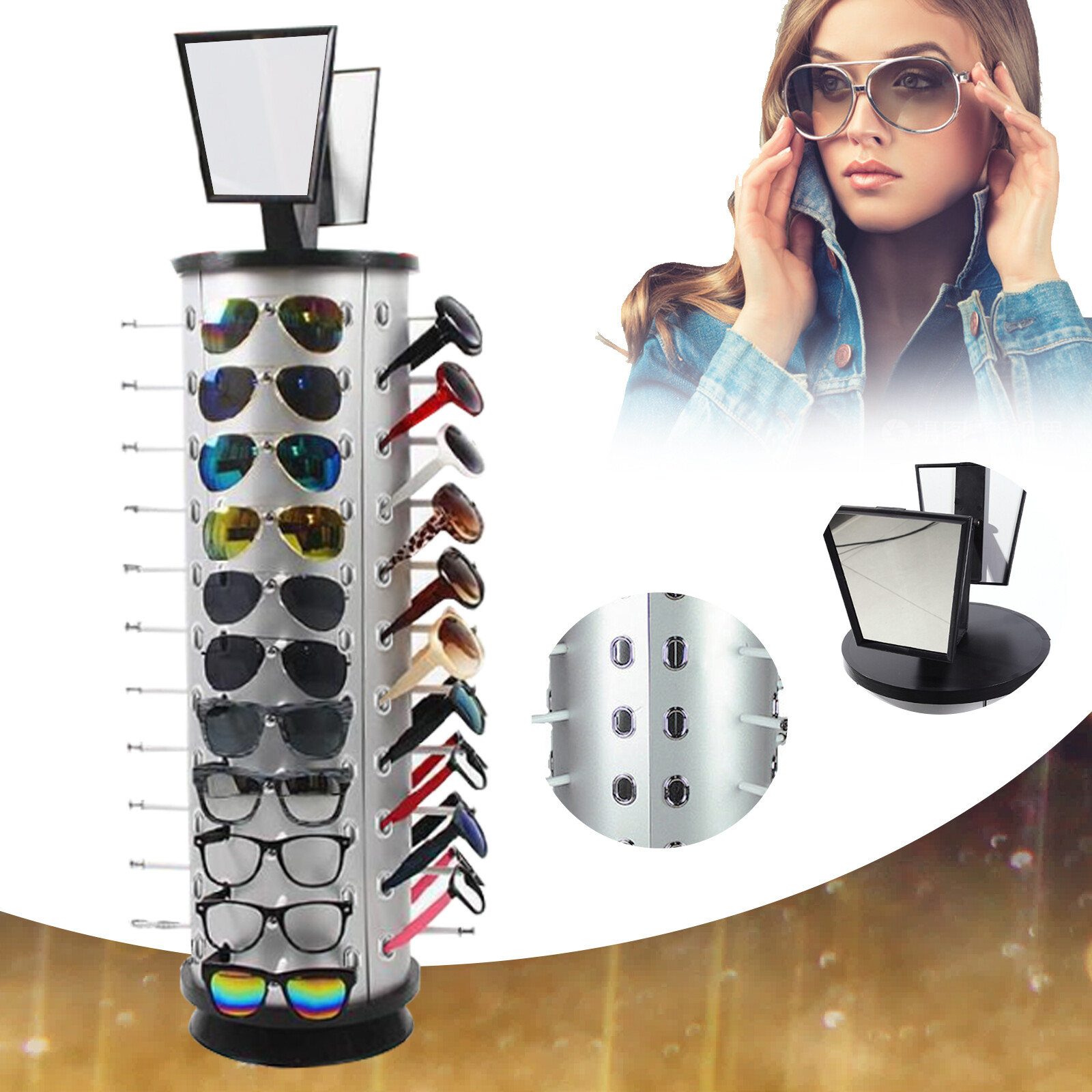 44 Pair Sunglasses Display 360° Rotating Rack Glasses Holder Stand  w/ Mirror US