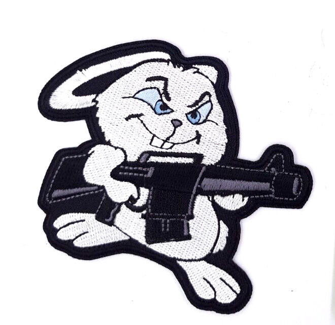 Bunny With A Gun! Iron On Embroidered Patch 3 3/4"X3"