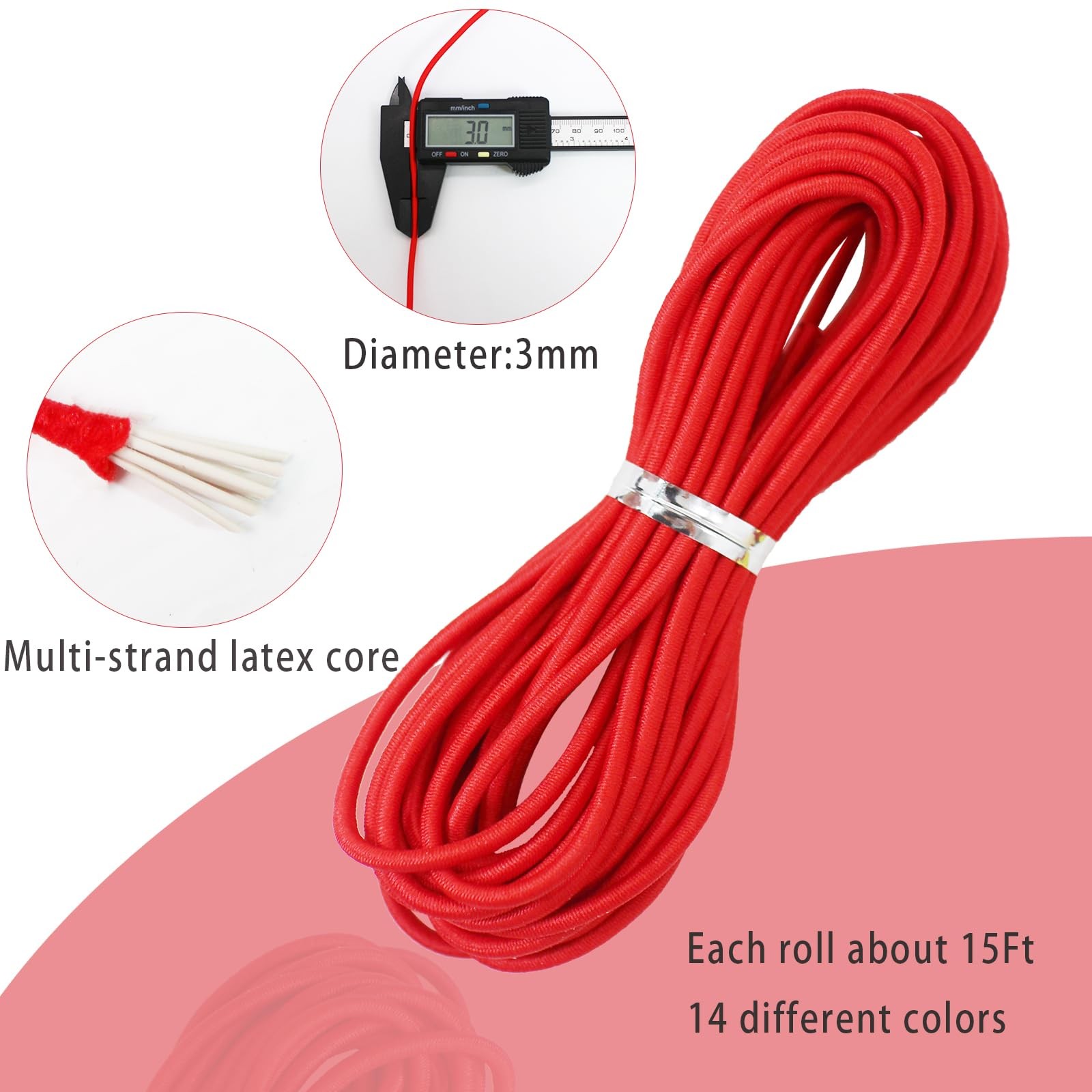 Colored Elastic Cords 3mm 1/8 inch 210ft Elastic Round Heavy Stretch String R...